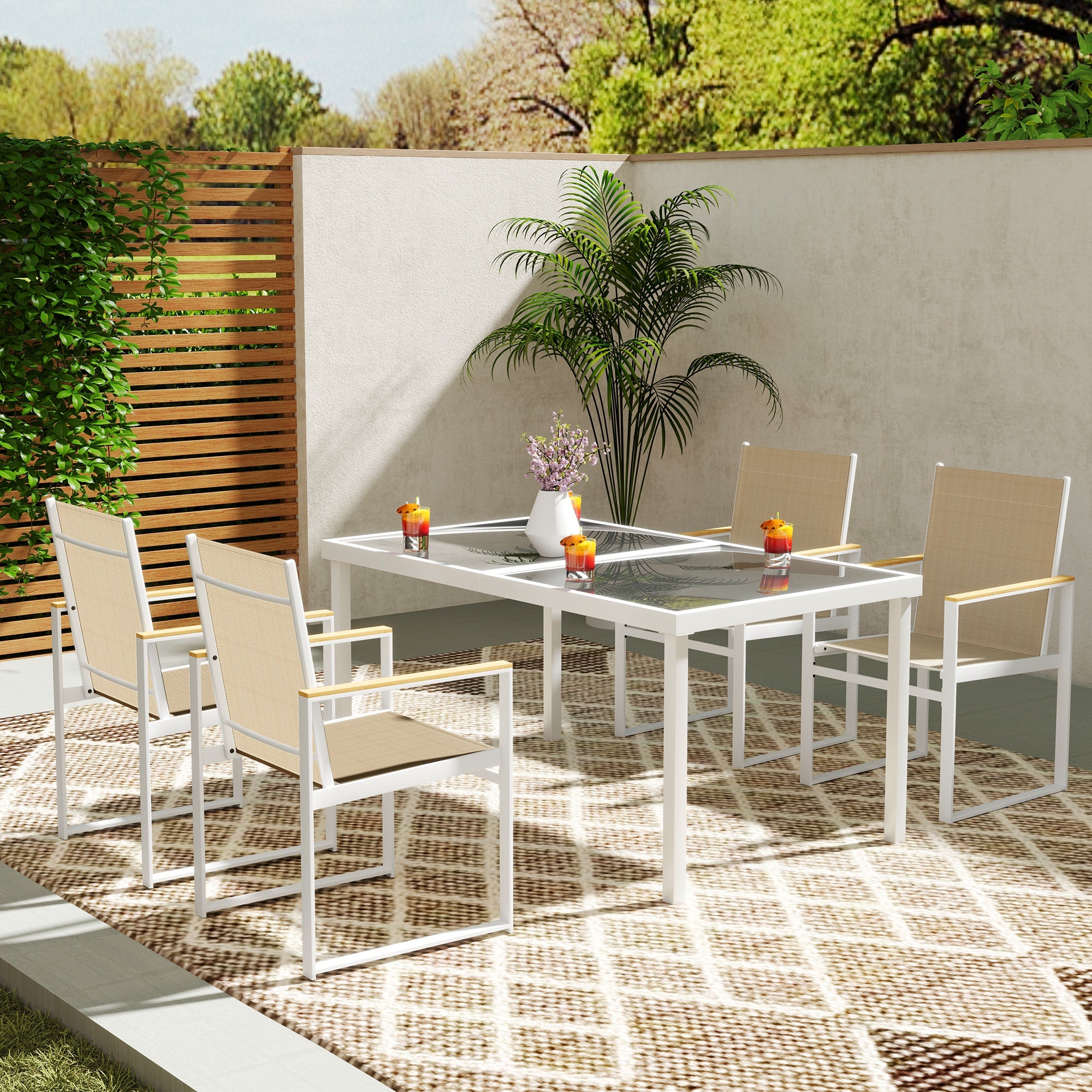 5 Piece Garden Furniture Set with 4 Armchairs and Table, Tempered Glass Top