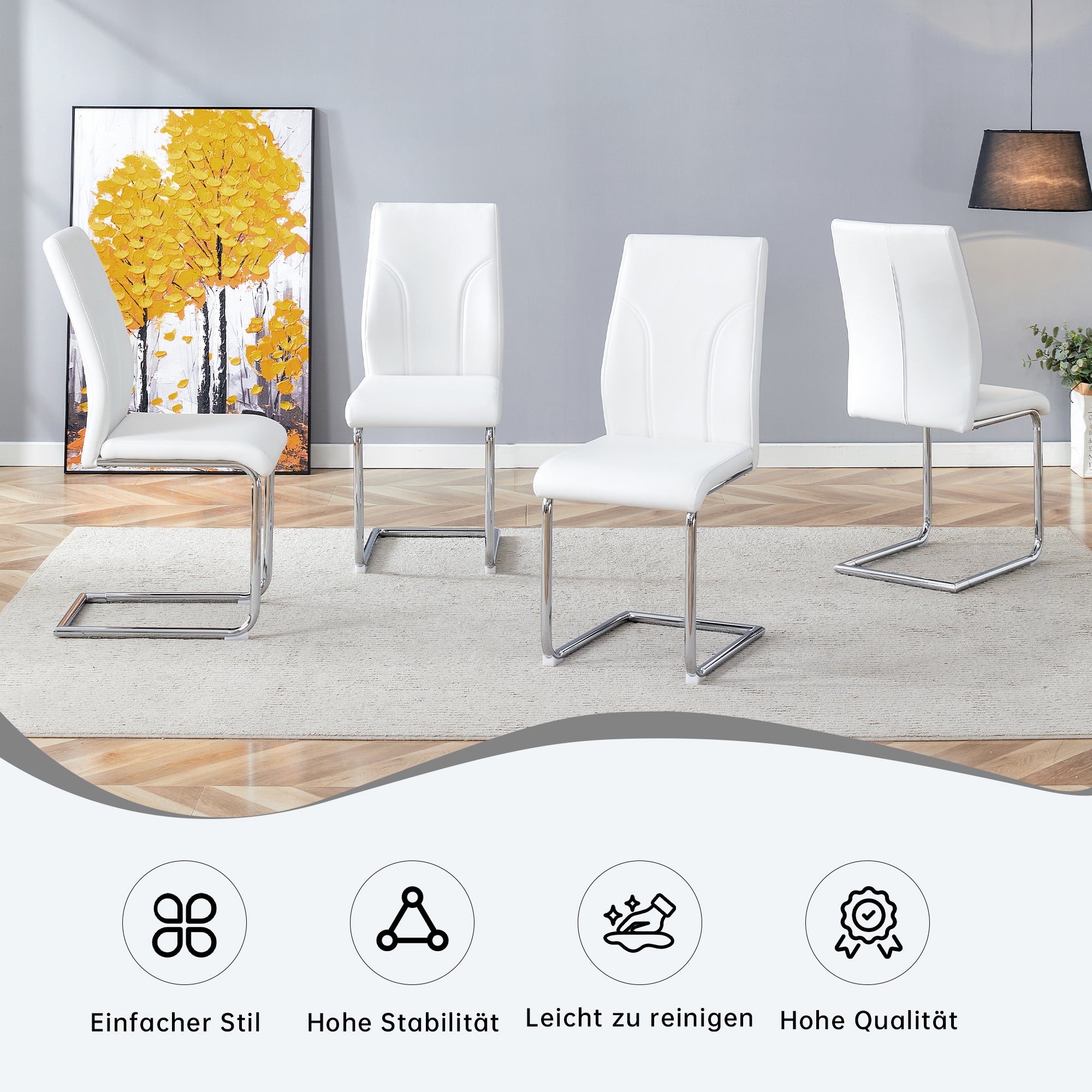 Chairs, Set of 2 with Silver Metal Legs, White PU Material