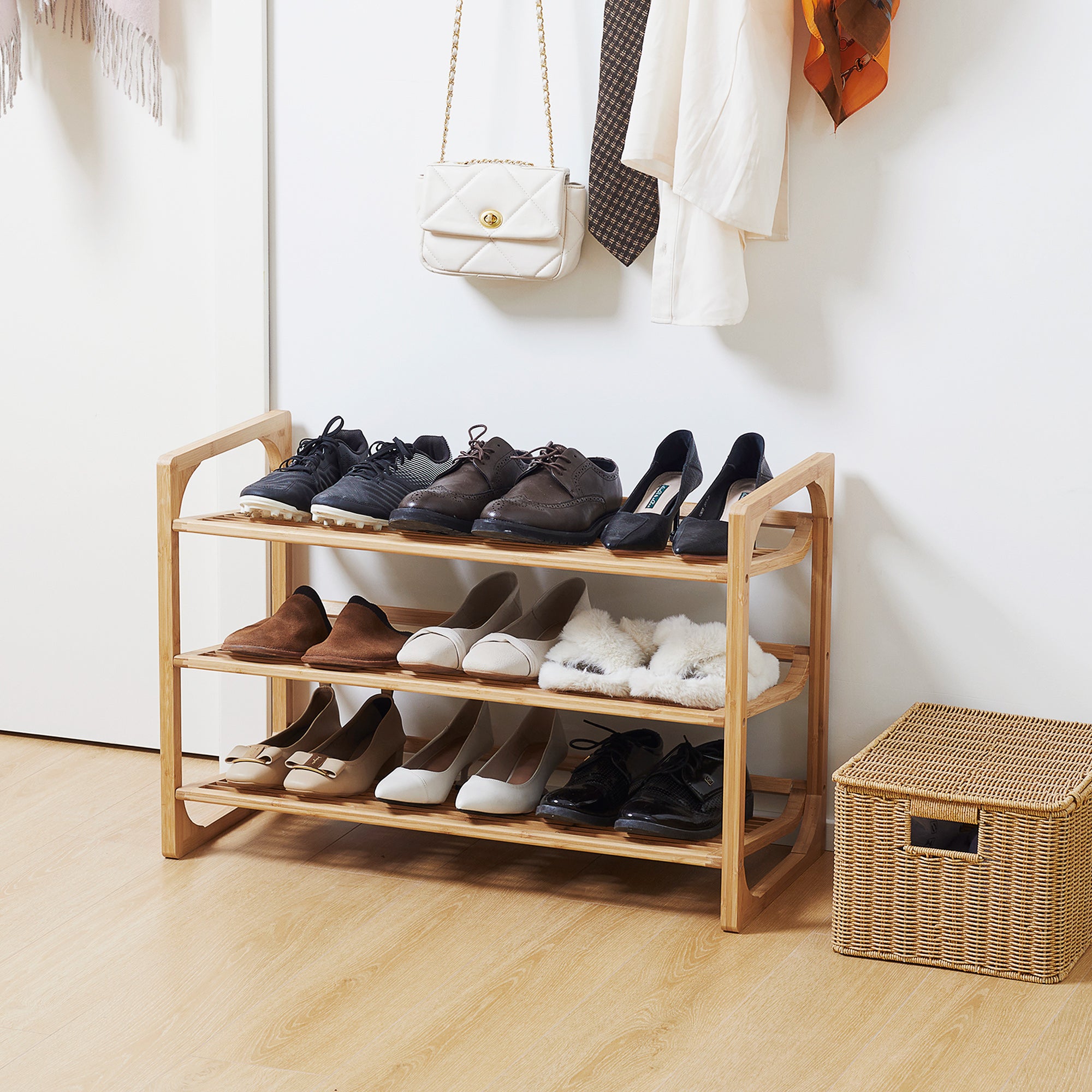 Shoe Rack 3-Level Organizer for 9 Pairs with Handle, Bamboo Natural