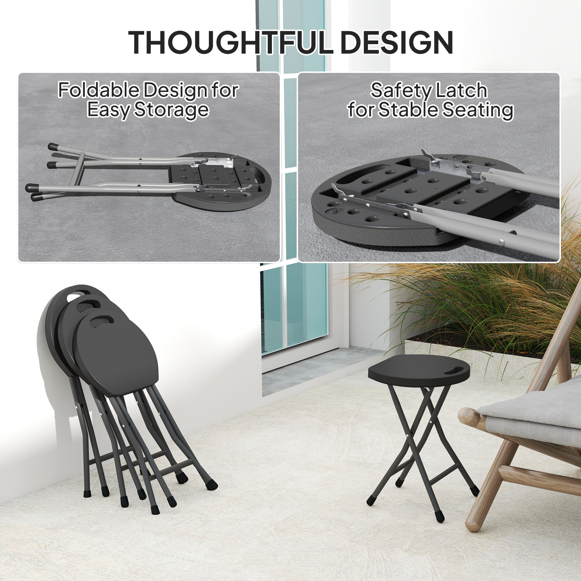 Folding Carry Stools, Set of Four, Charcoal Grey