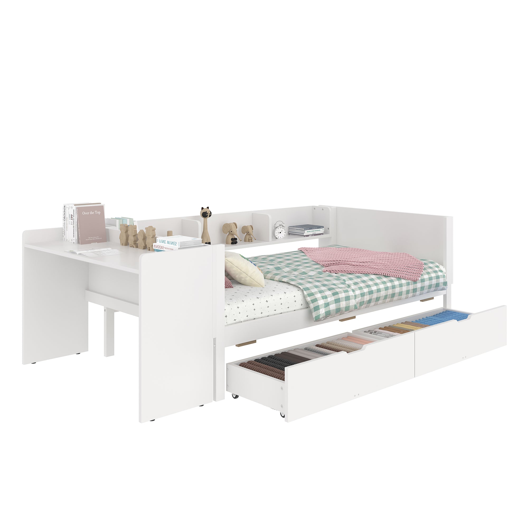 Single Bed 90x200cm Desk 2 Drawers Shelves - White Wood