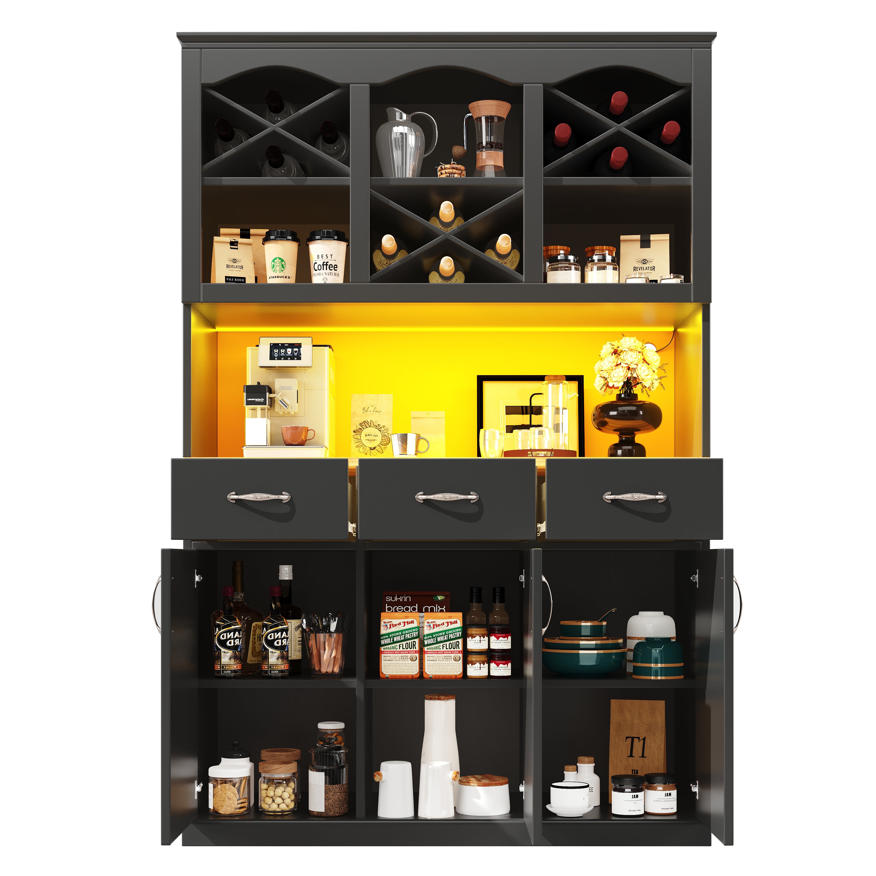 Kitchen Cabinet Tall Buffet 120cm 3 Doors 3 Drawers LED Black