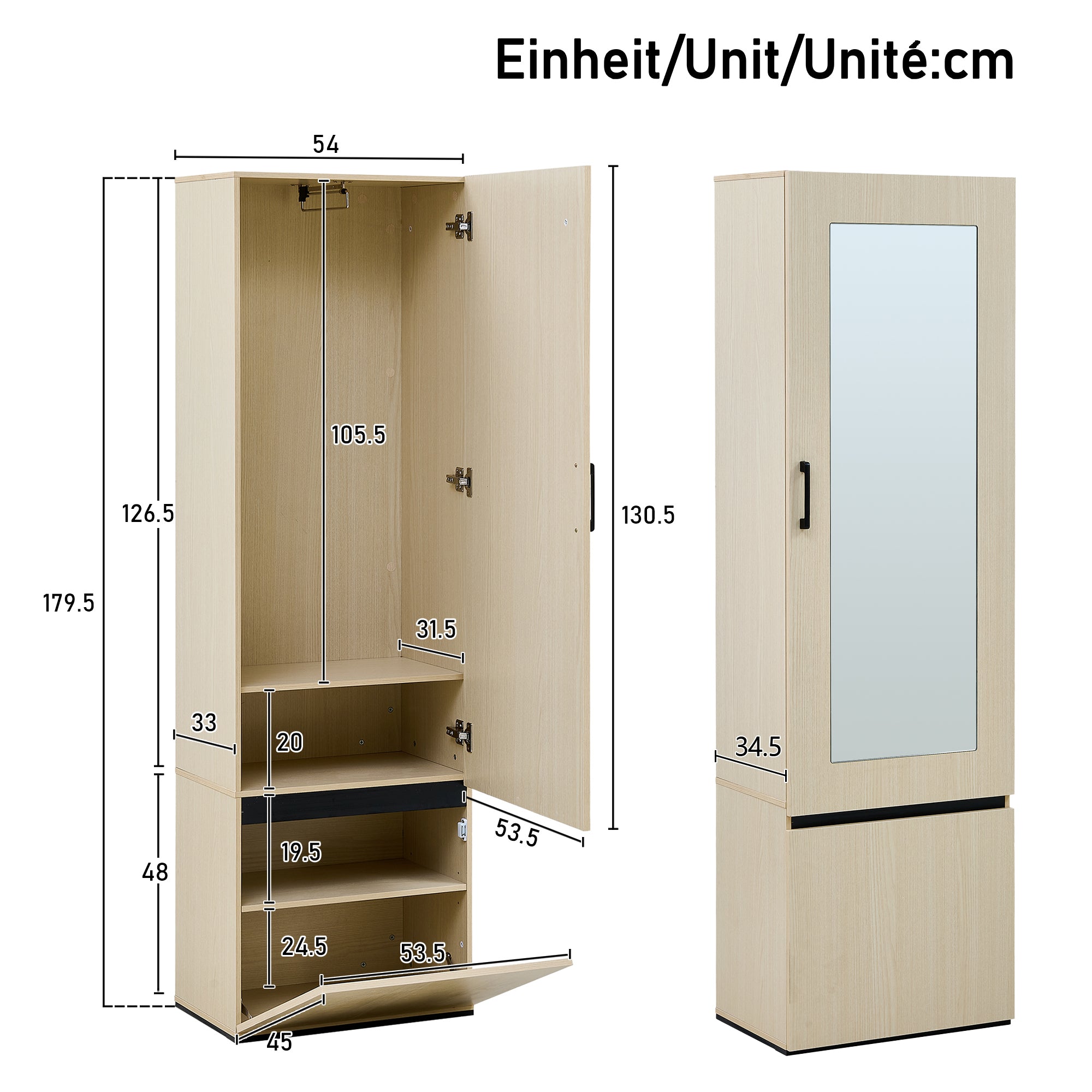 Combined Wardrobe Hallway Set with Mirror, Bench, Shoe Rack, Extendable Clothes Rail