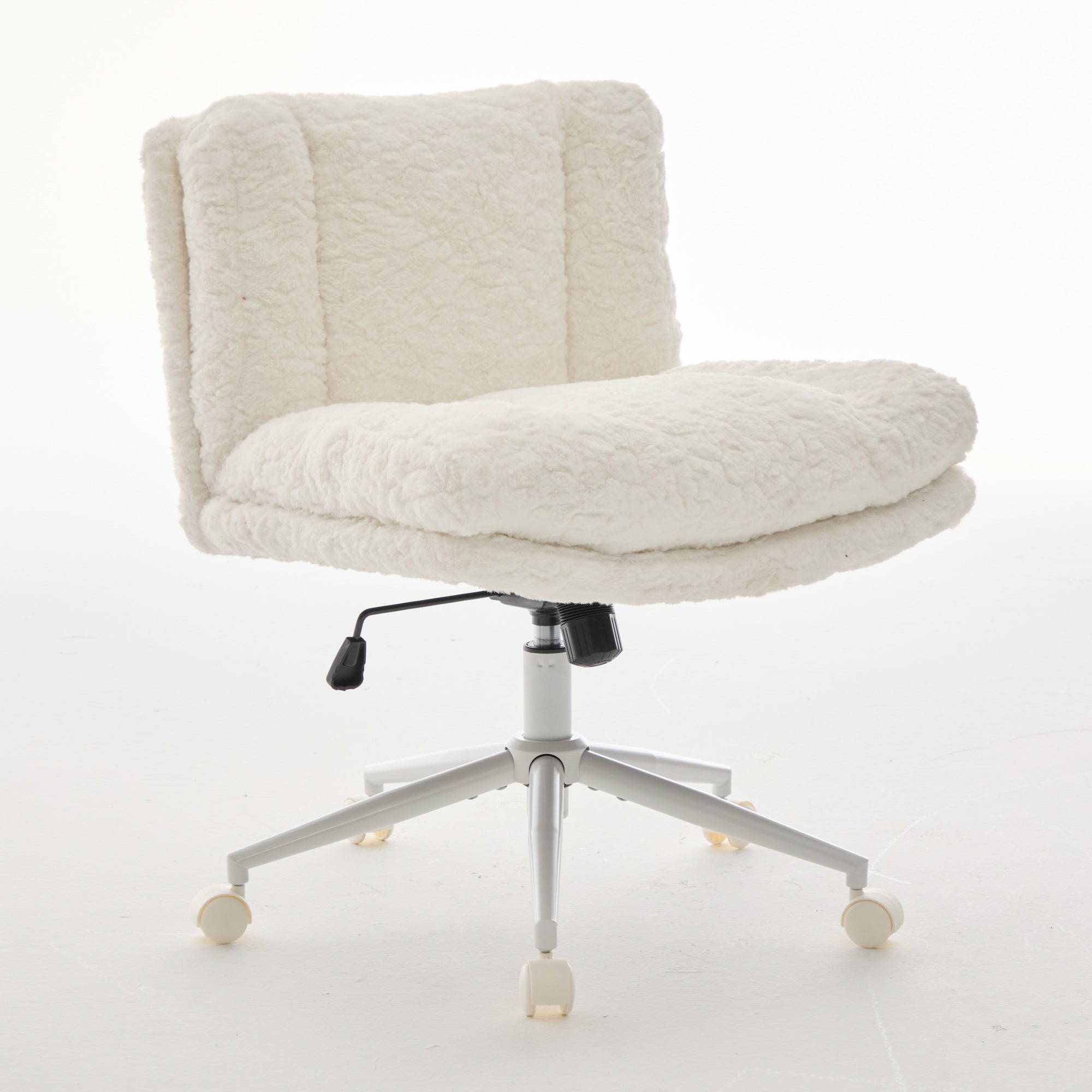 Wider Seat Office Chair with Artificial Rabbit Hair and Swivel Metal Base, Cream