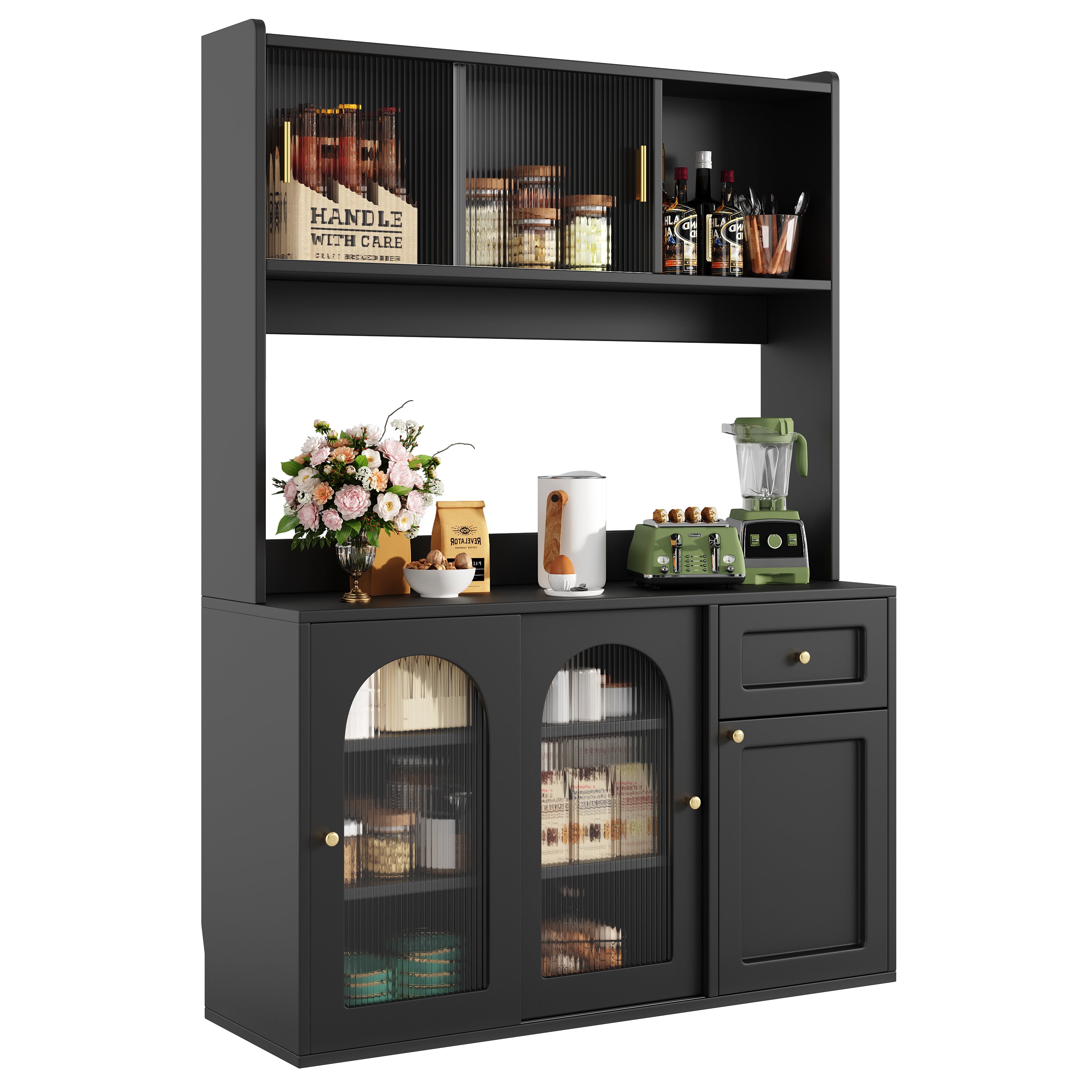 Tall Cabinet Buffet Display with Adjustable Shelves LED Lighting Black