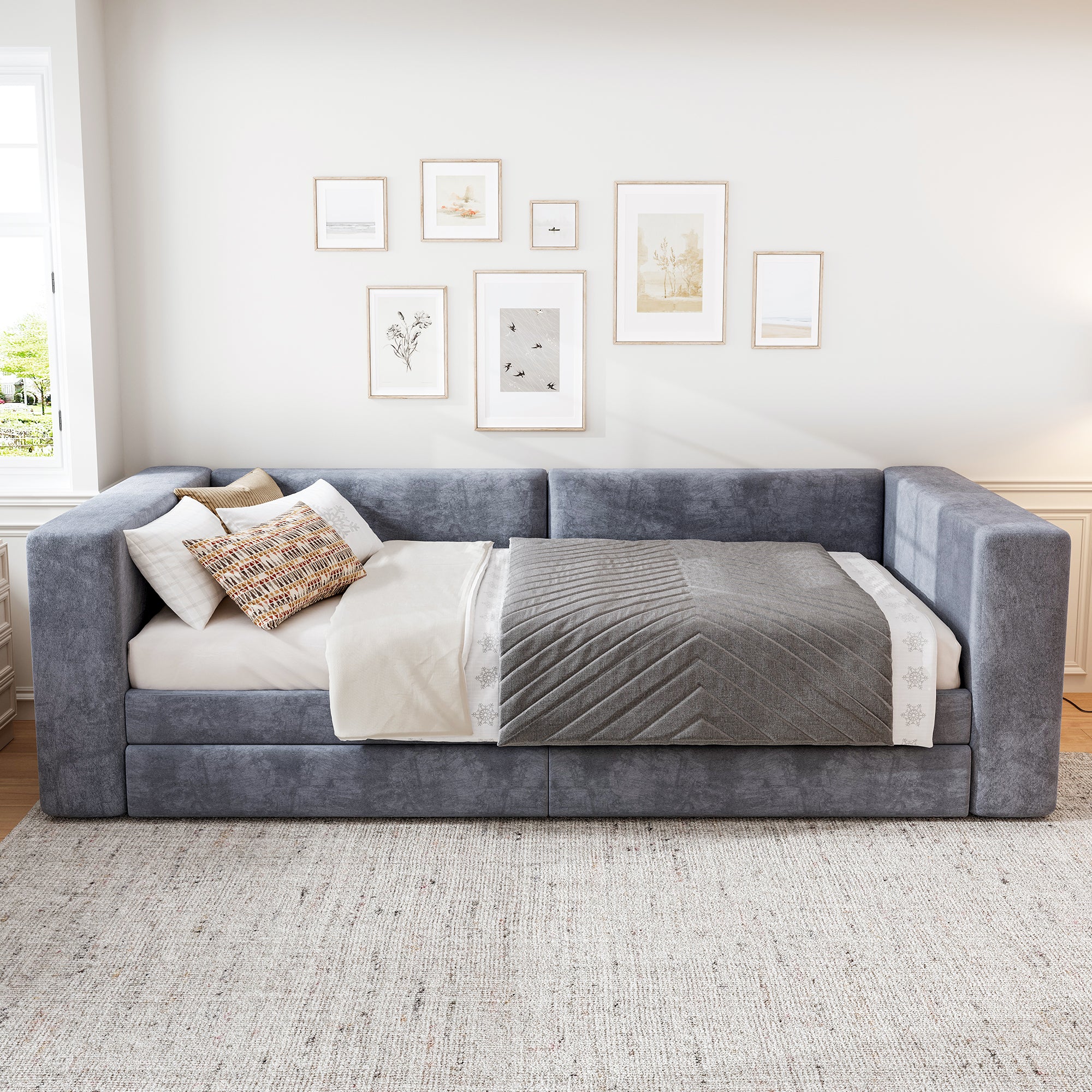 Upholstered Bed, 3FT Single 90x190cm Daybed with Storage, Velvet Grey