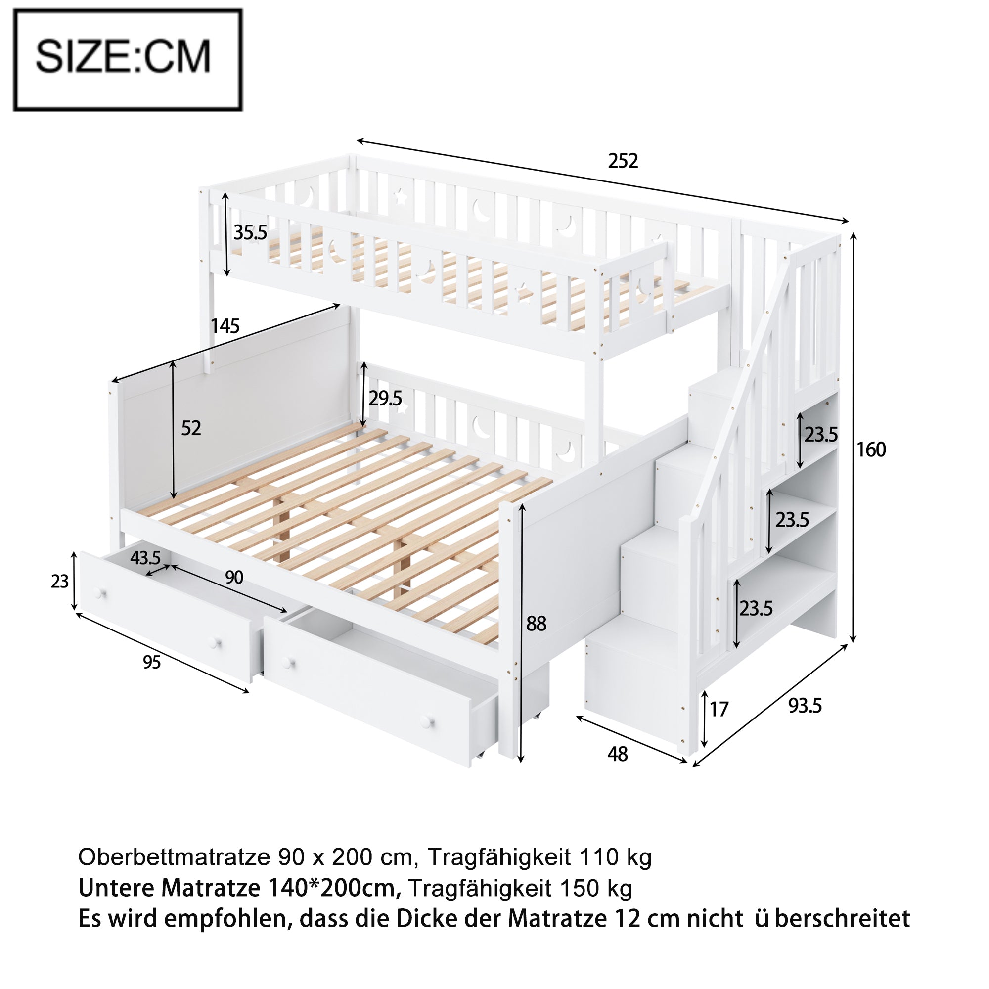 Children's Bunk Bed 90*200/140*200cm Safety Stairs Drawers Slatted Base, Solid Wood White