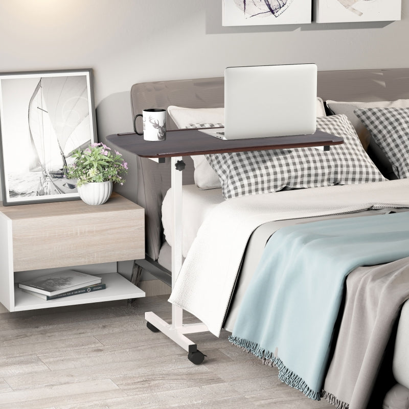Over Bed Table, Height Adjustable C-Shaped with Wheels, Brown