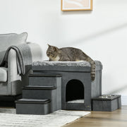 Cat House with 3 Pet Stairs & 2 Food Bowls, Grey