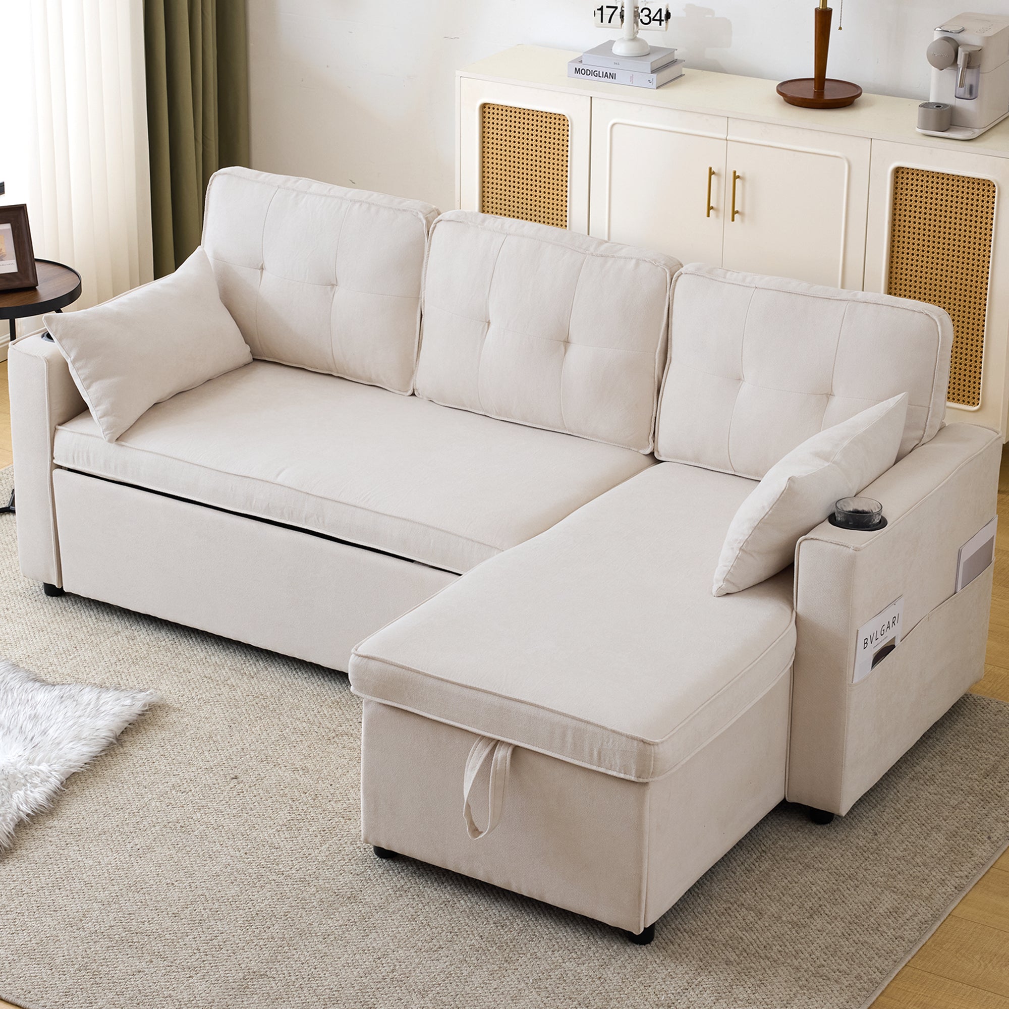 3-in-1 Convertible Sofa Bed with Storage Chaise, L-Shaped Sectional Daybed, Beige