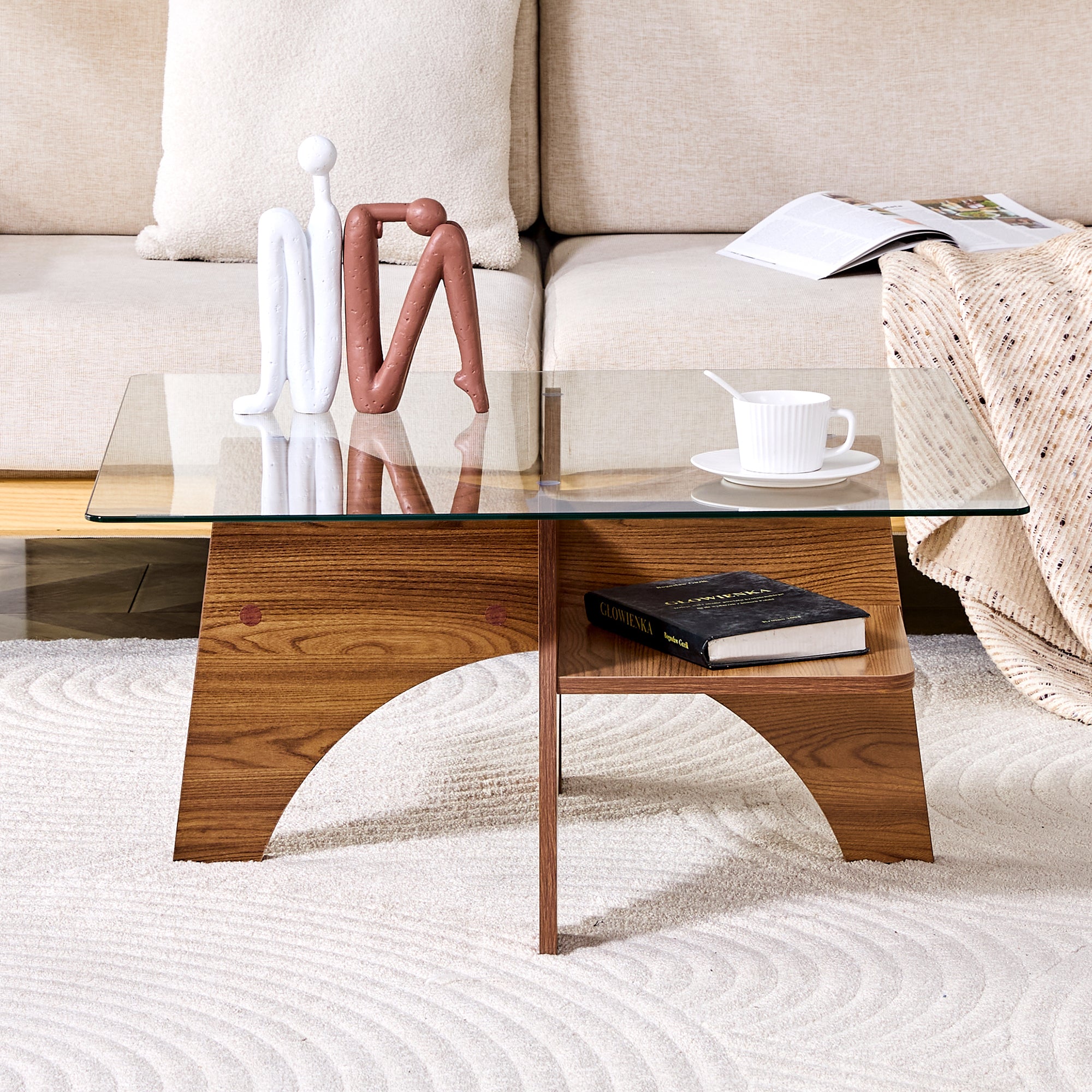 Square Side Table 80cm Tempered Glass MDF Legs - Walnut Finish