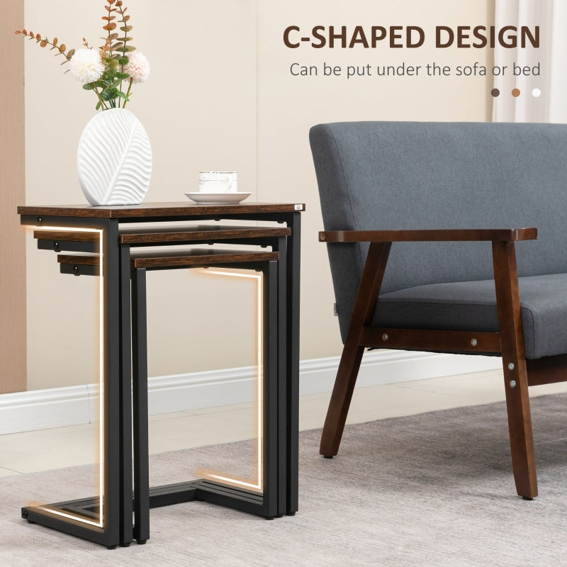 Nesting Side Tables Set of 3, C-Shaped Snack Tables Steel Frame, Rustic Brown