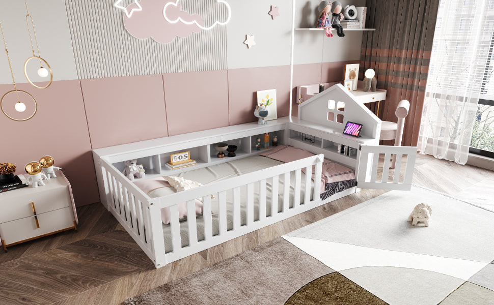 Children's Bed 90x200cm, Roof & Window, Storage, Safety Gate & Door, Solid Wood, White