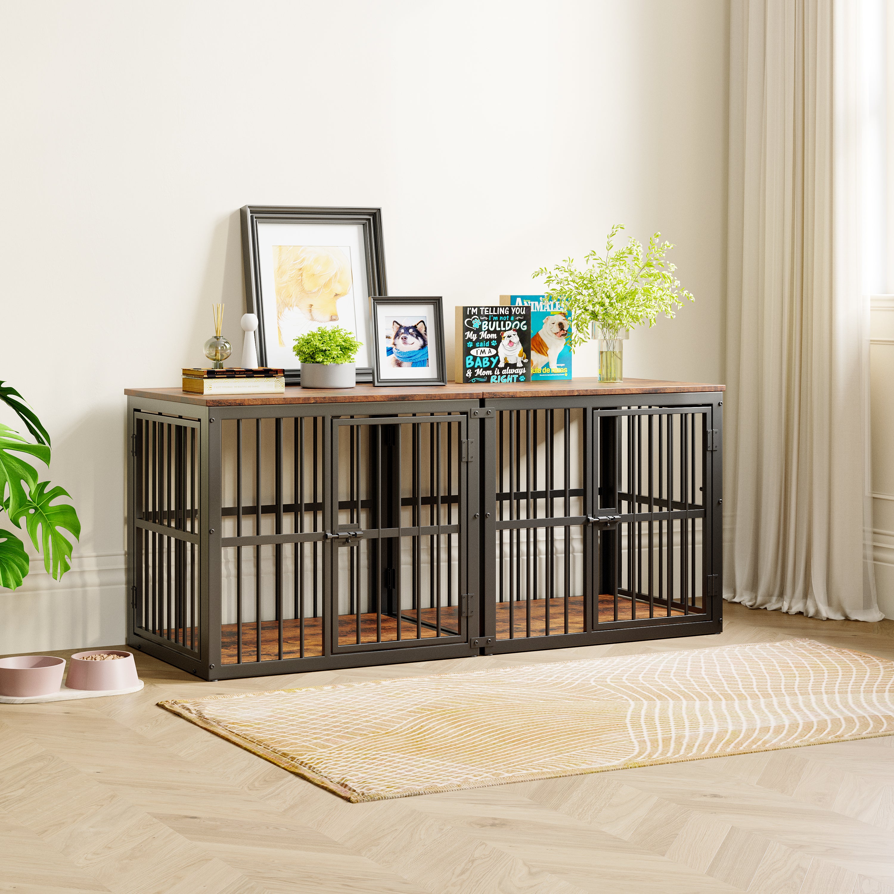 Modular Dog Crate Furniture 3 Doors Waterproof Top 2-in-1 Side Table Stackable - Retro Brown