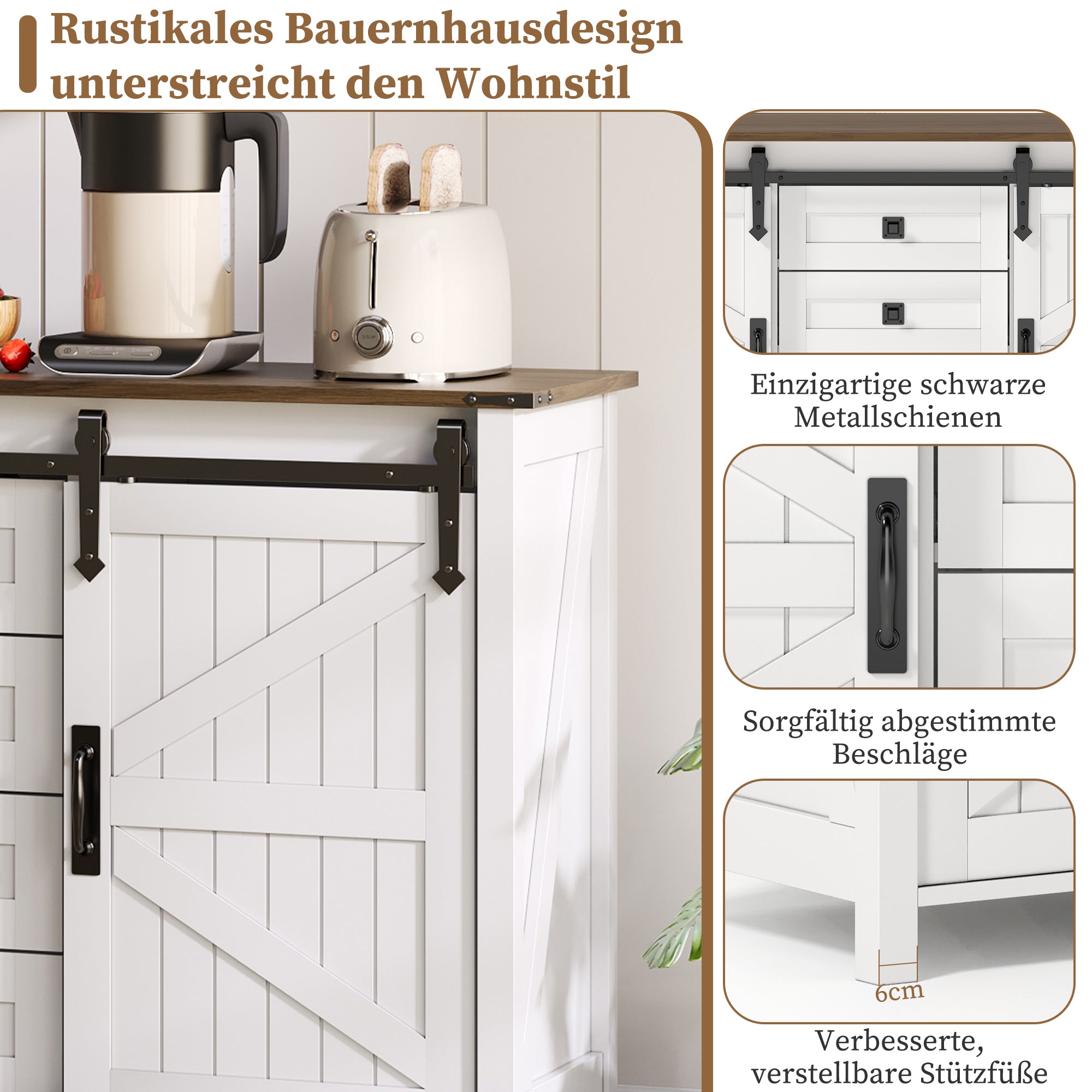 Sideboard 137cm Sliding Doors 4 Drawers Vintage Storage - White