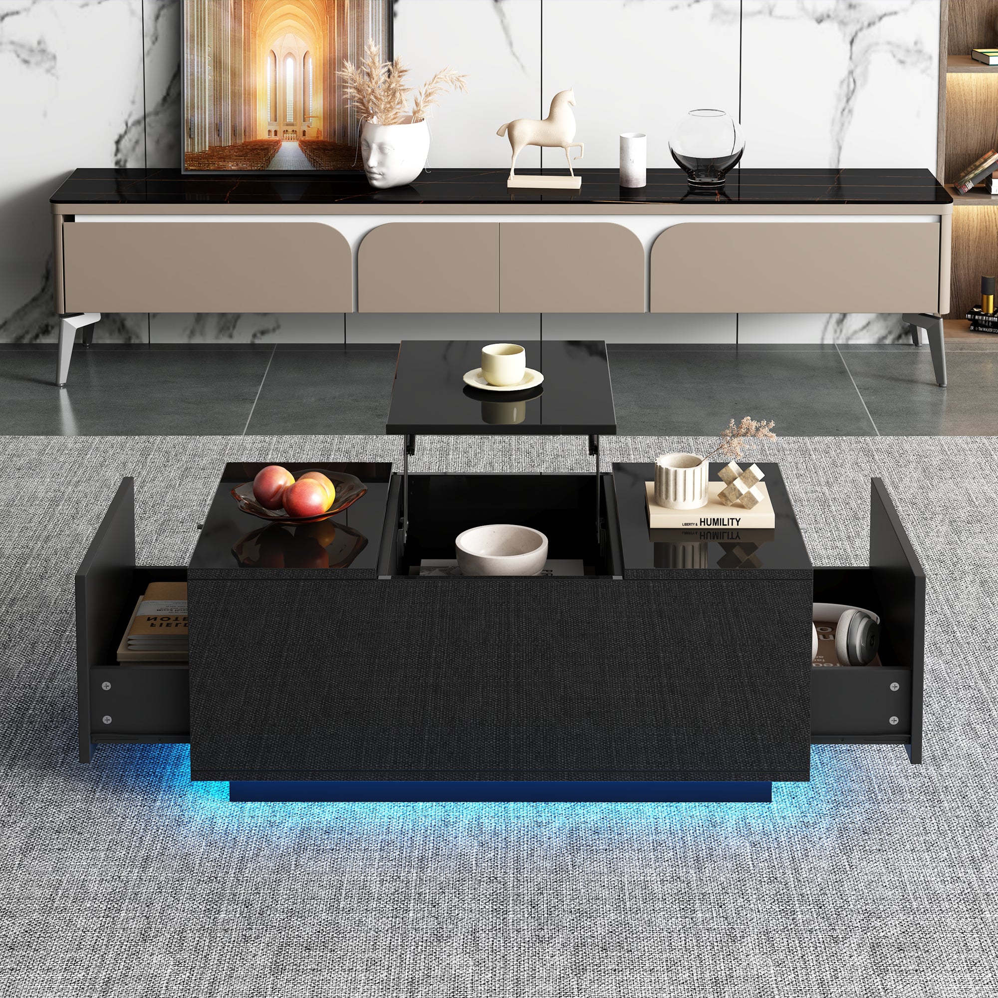 Coffee Table 95x48x40cm with Lift-Top, 2 Drawers, LED, Black