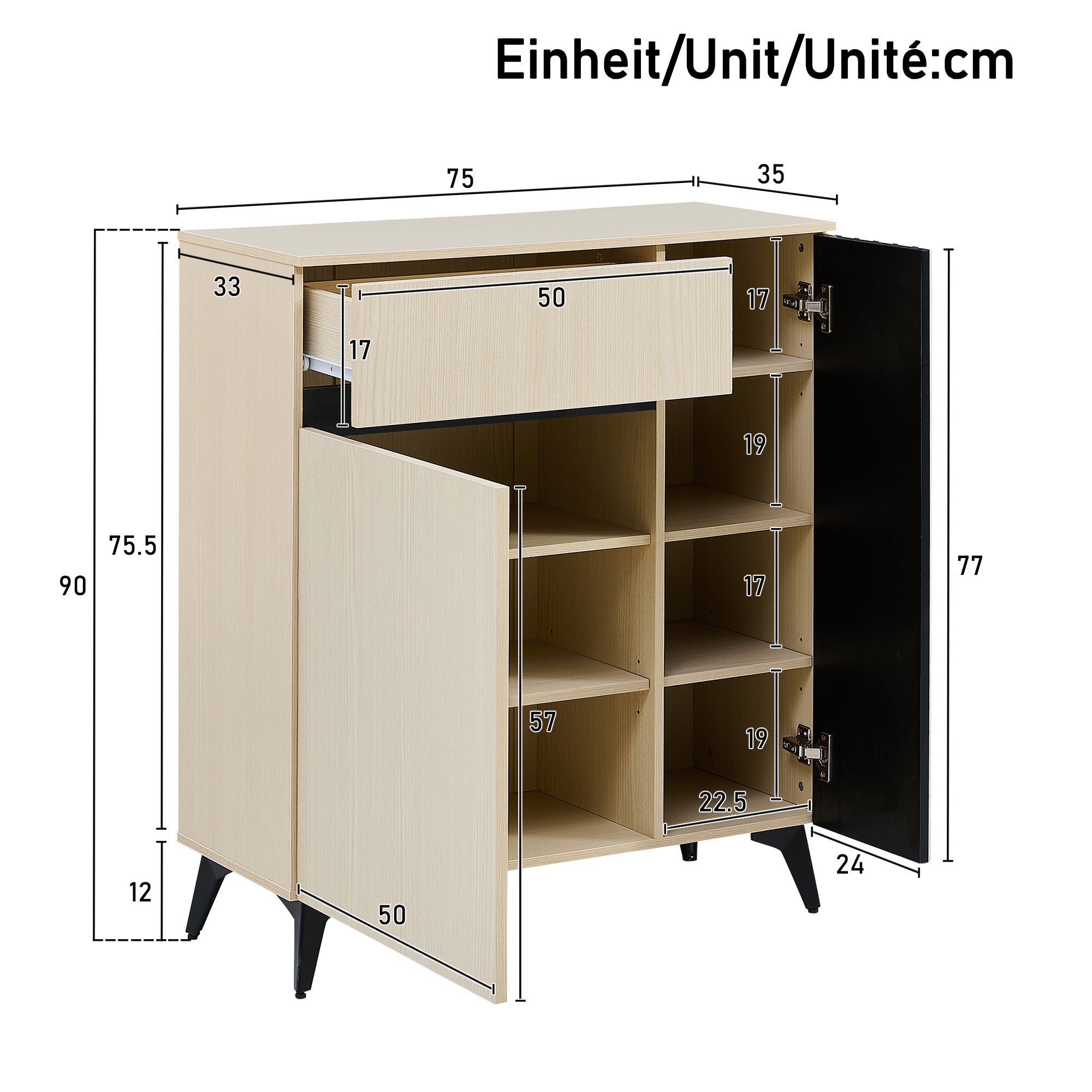 Sideboard/Shoe Cabinet with 2 Doors, 1 Drawer, Adjustable Shelves, Light Wood MDF