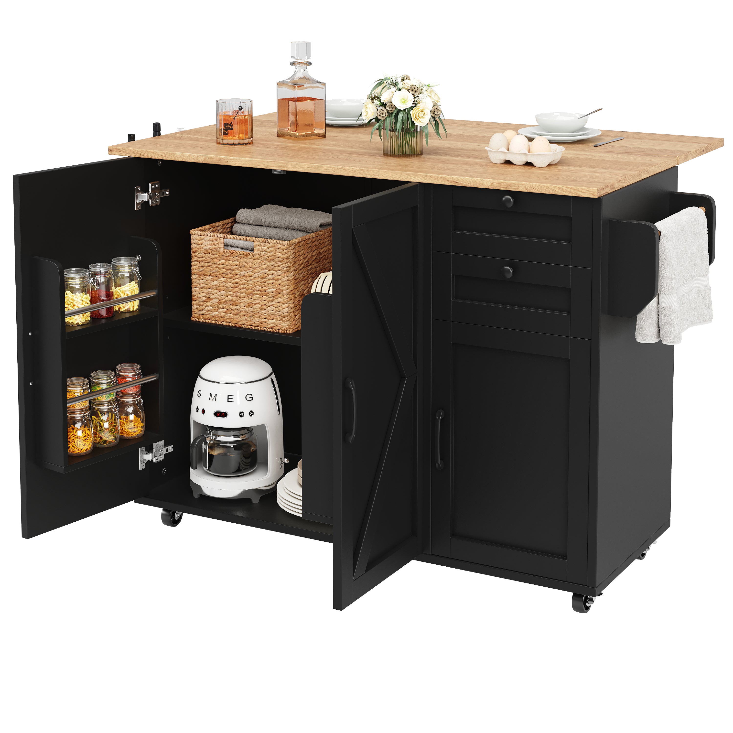 Multifunctional Kitchen Island Dining Table with Storage, Snack Shelves, Wood Grain Black