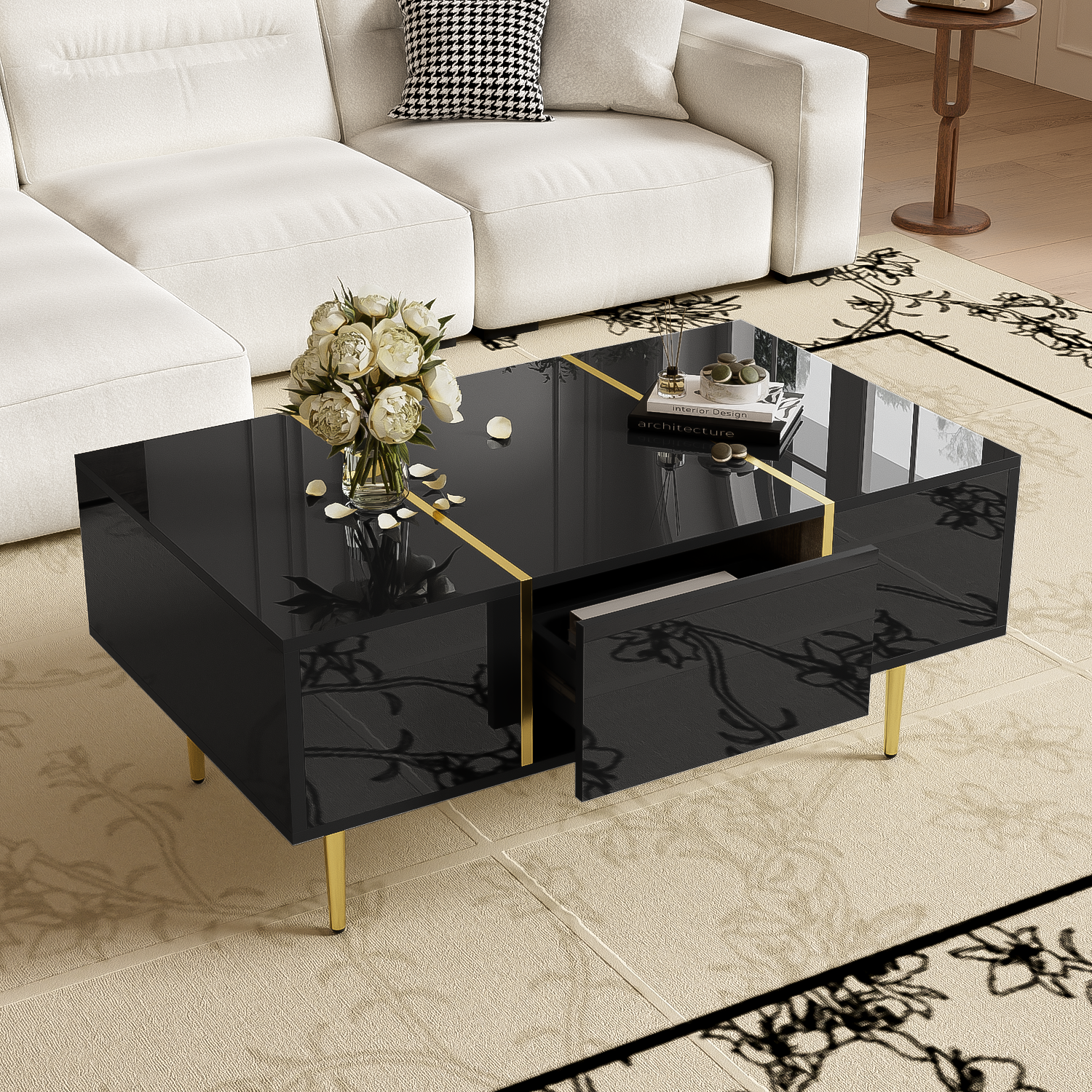 Modern Coffee Table, High Gloss with 2 Drawers, Black