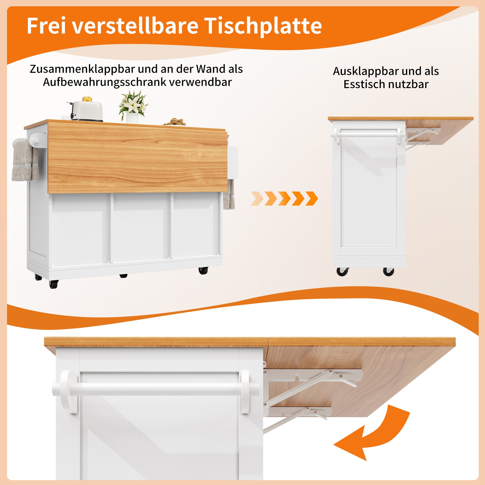 Kitchen Island Dining Trolley Sideboard Worktop Casters Adjustable Storage White