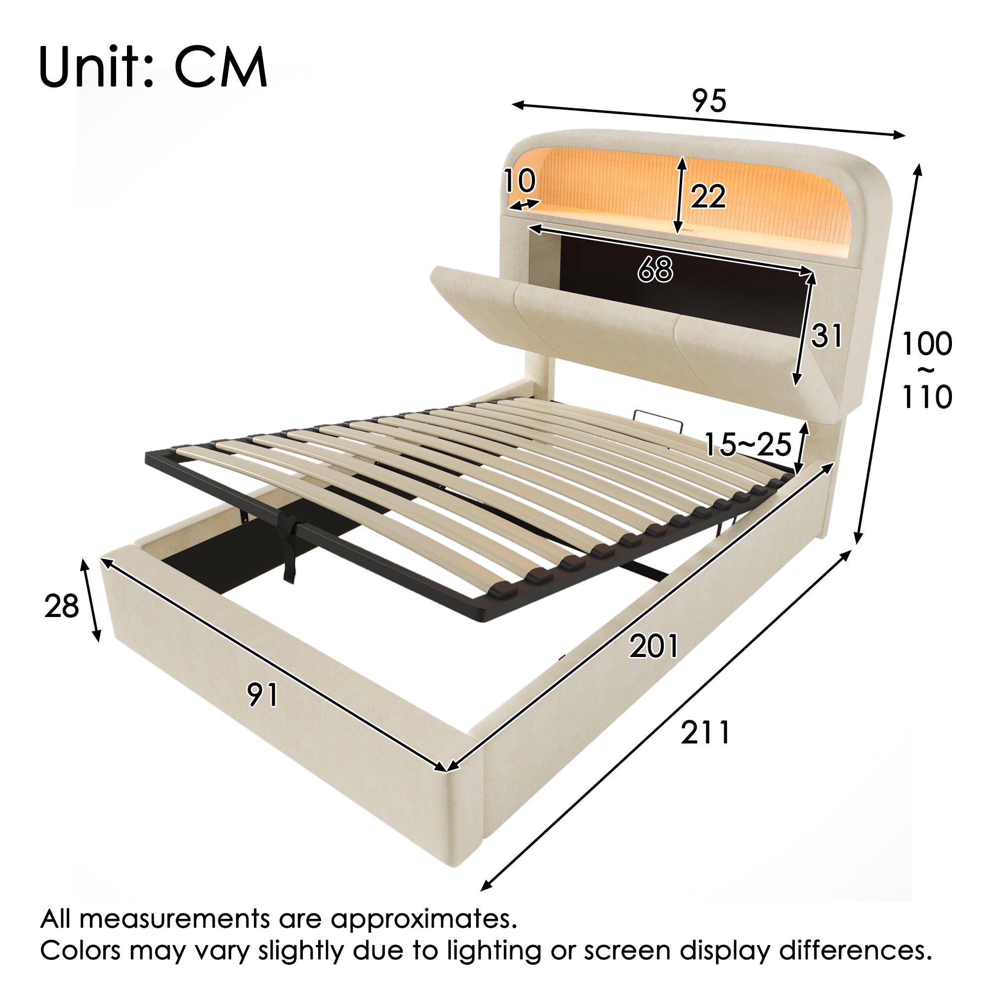 Upholstered Single Bed 90x200cm Adjustable Storage Headboard Hydraulic LED & USB/Type-C Charging Velvet Beige