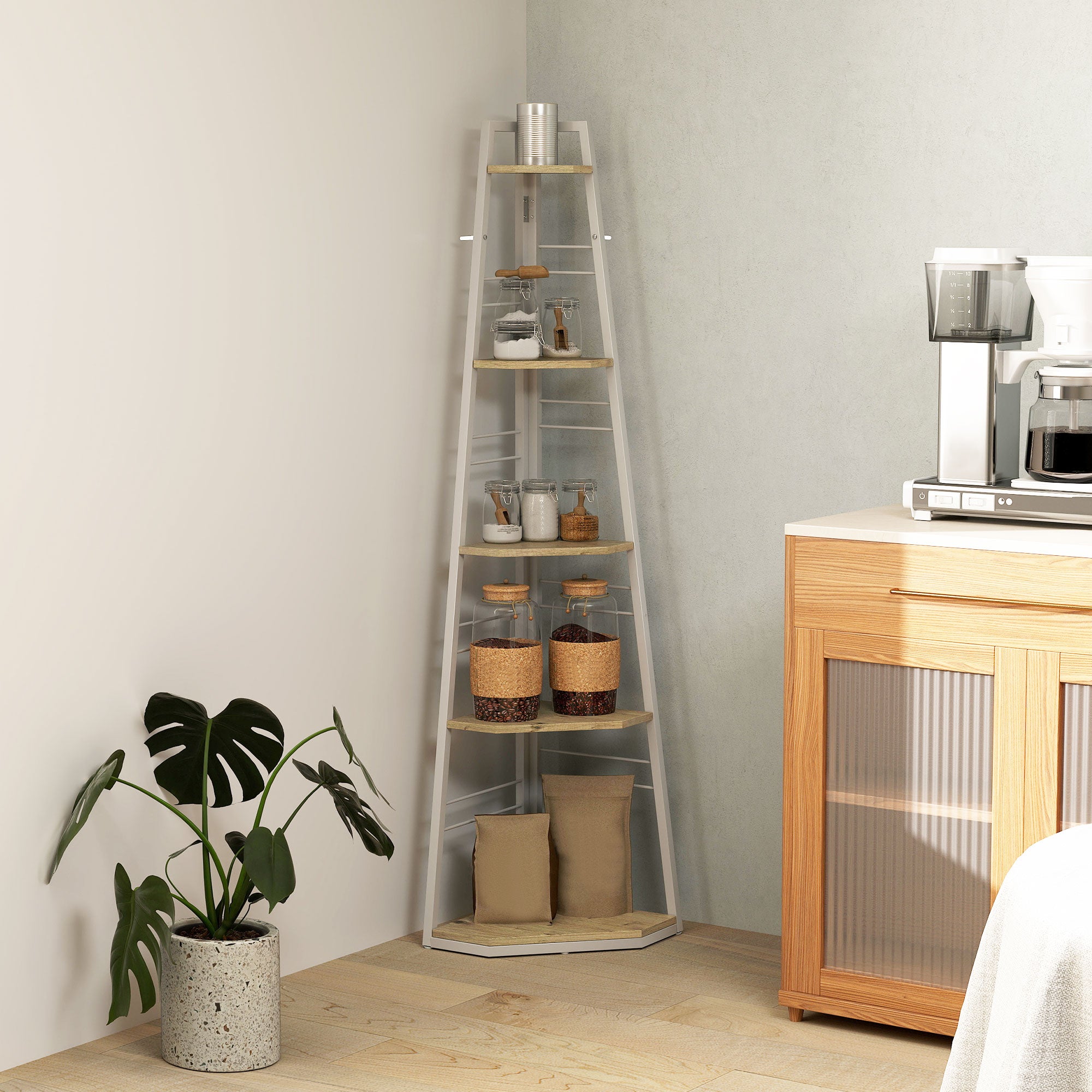 Five-Tier Corner Shelf Storage Unit, White/Wood-Effect