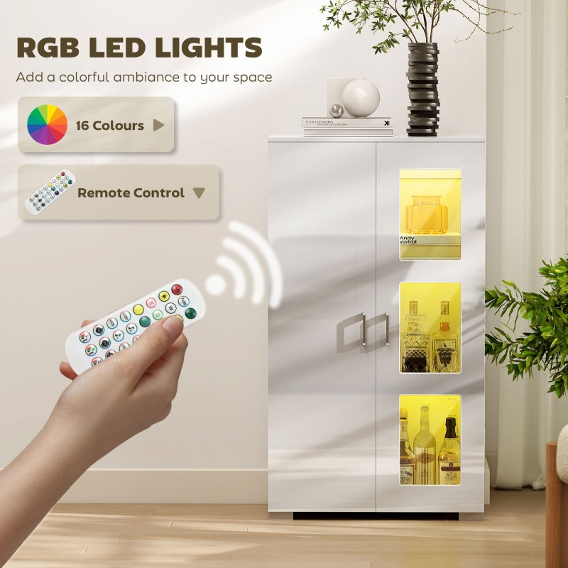 High Gloss Sideboard Display Cabinet with RGB LED Lights, Glass Doors and Shelves, White