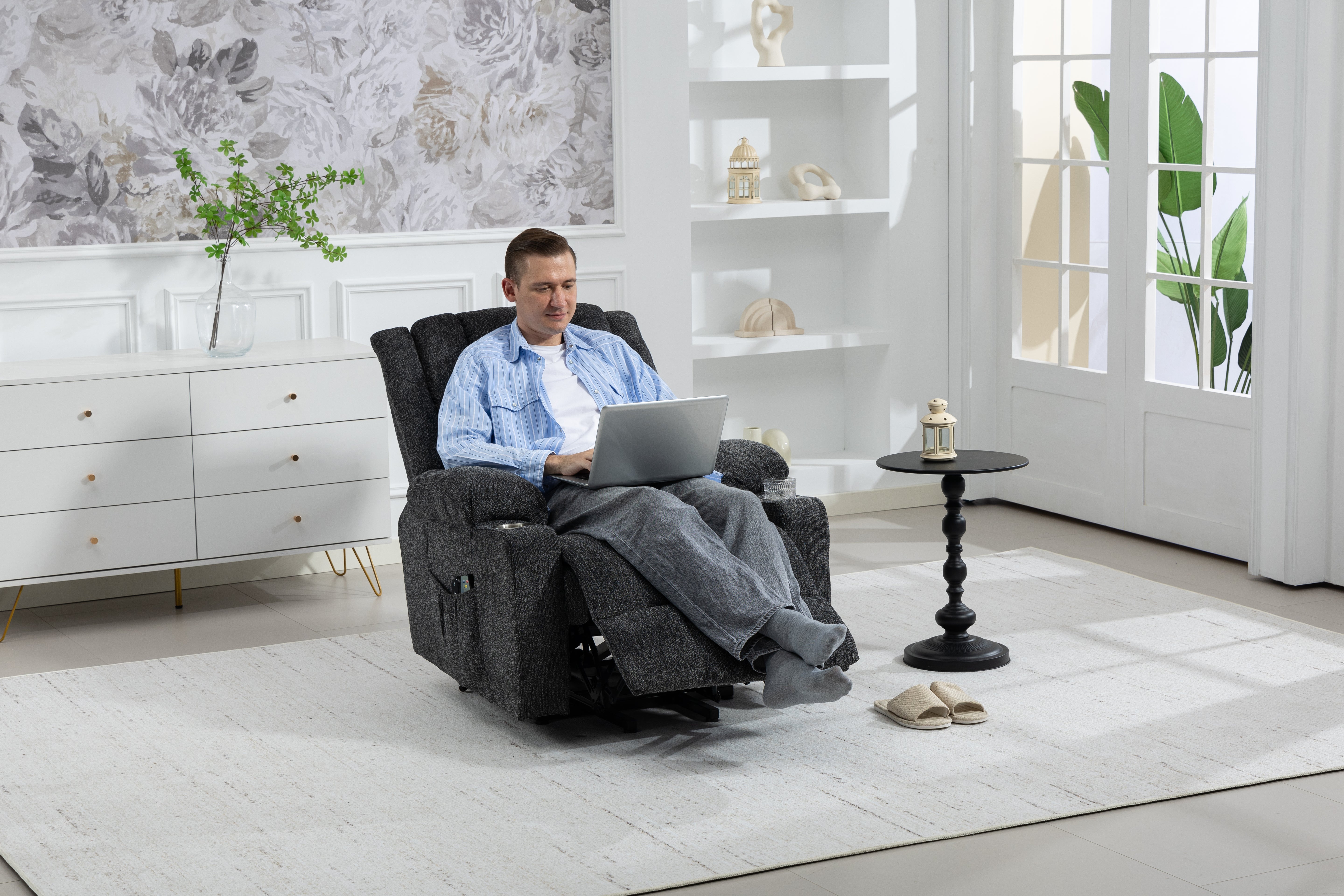 Electric Armchair Lift Assist Massage Heat Footrest Cup Holder - Dark Grey