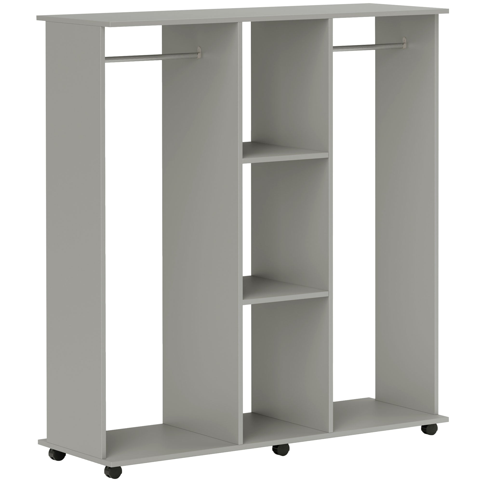 Open Wardrobe Double Storage Organizer with Shelves and 6 Wheels - Grey