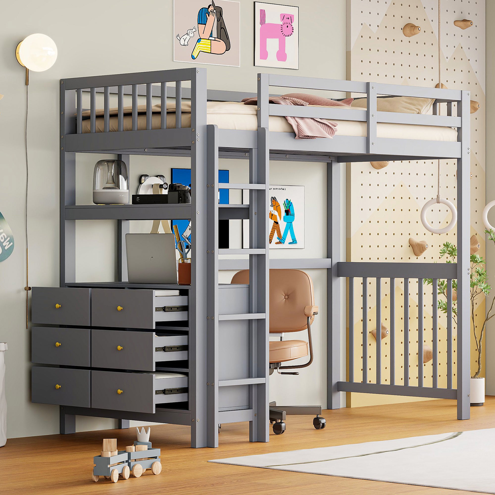 Loft Bed, 90x200cm with Ladder, Drawers, Shelves, Slatted Frame, Pinewood, Grey