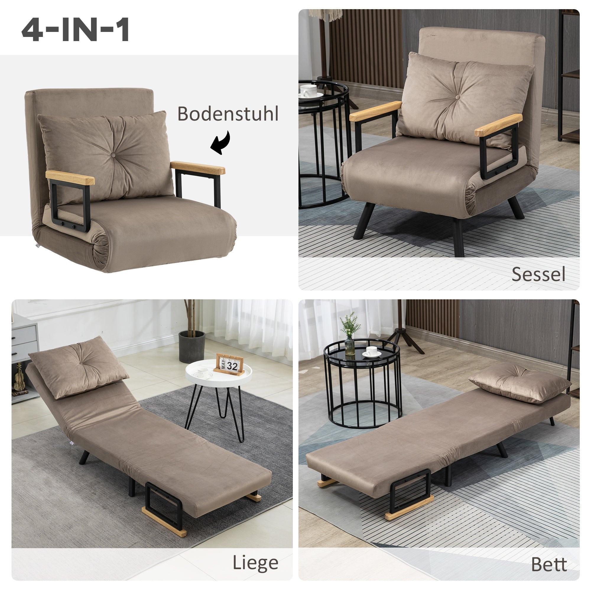 Sleeper Chair Bed, 5-Position Adjustable Backrest Space-Saving Robust, Light Brown Velvet Look