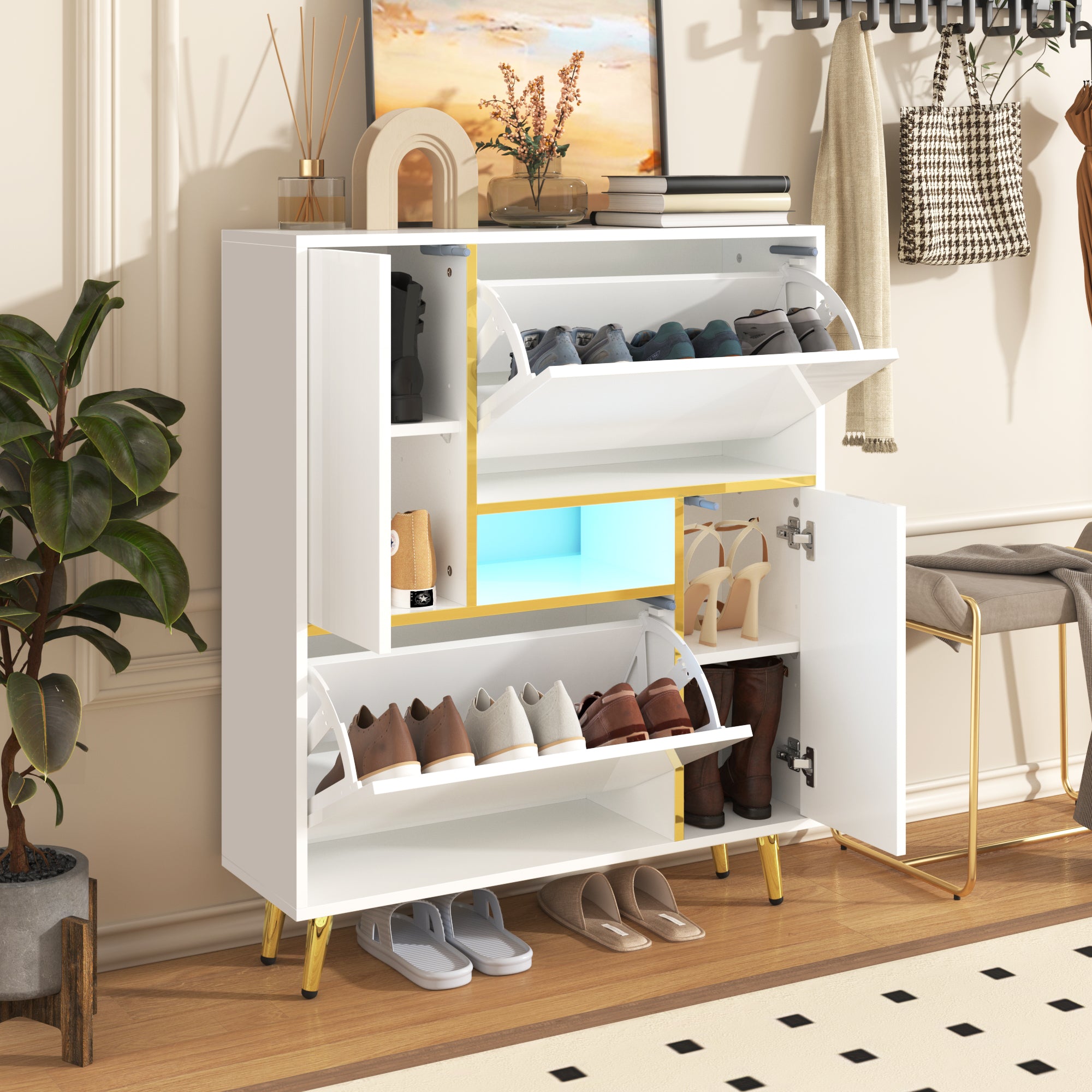 Modern Shoe Cabinet with 16-Color LED Light, White High-Gloss