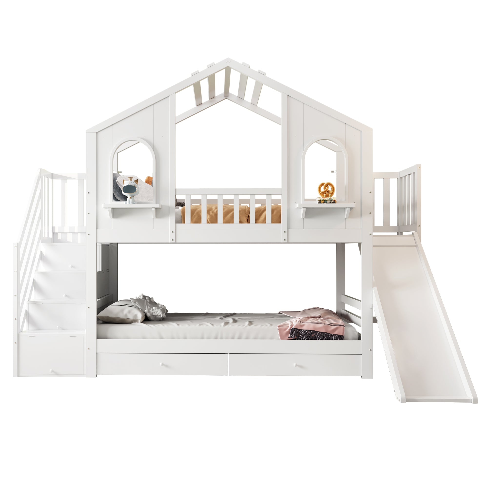 Children's Bunk Bed House-Shaped with Slide & Storage, 90x200cm, White