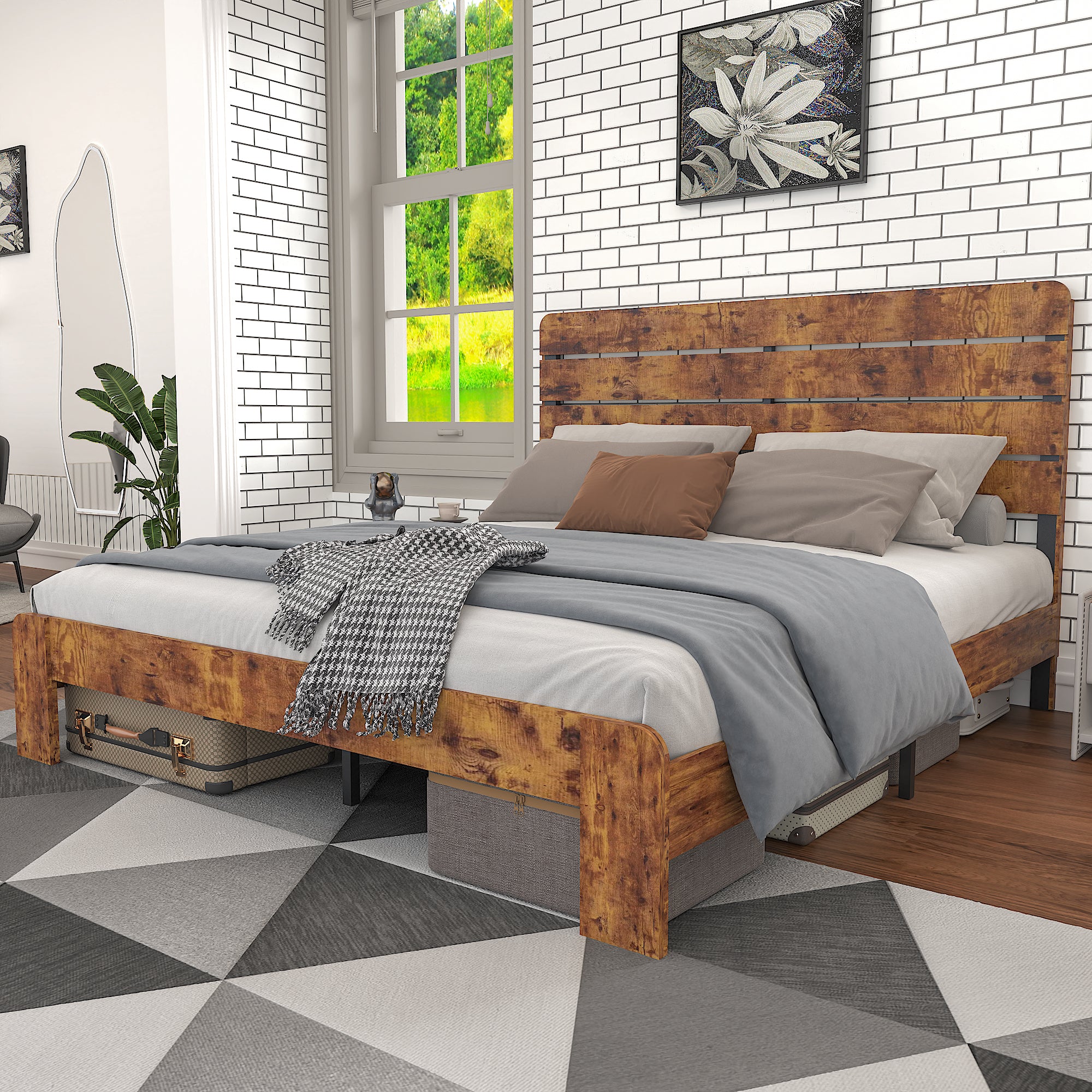 Wooden Double Bed 140x200cm High Headboard Frame, Antique Wood/Iron