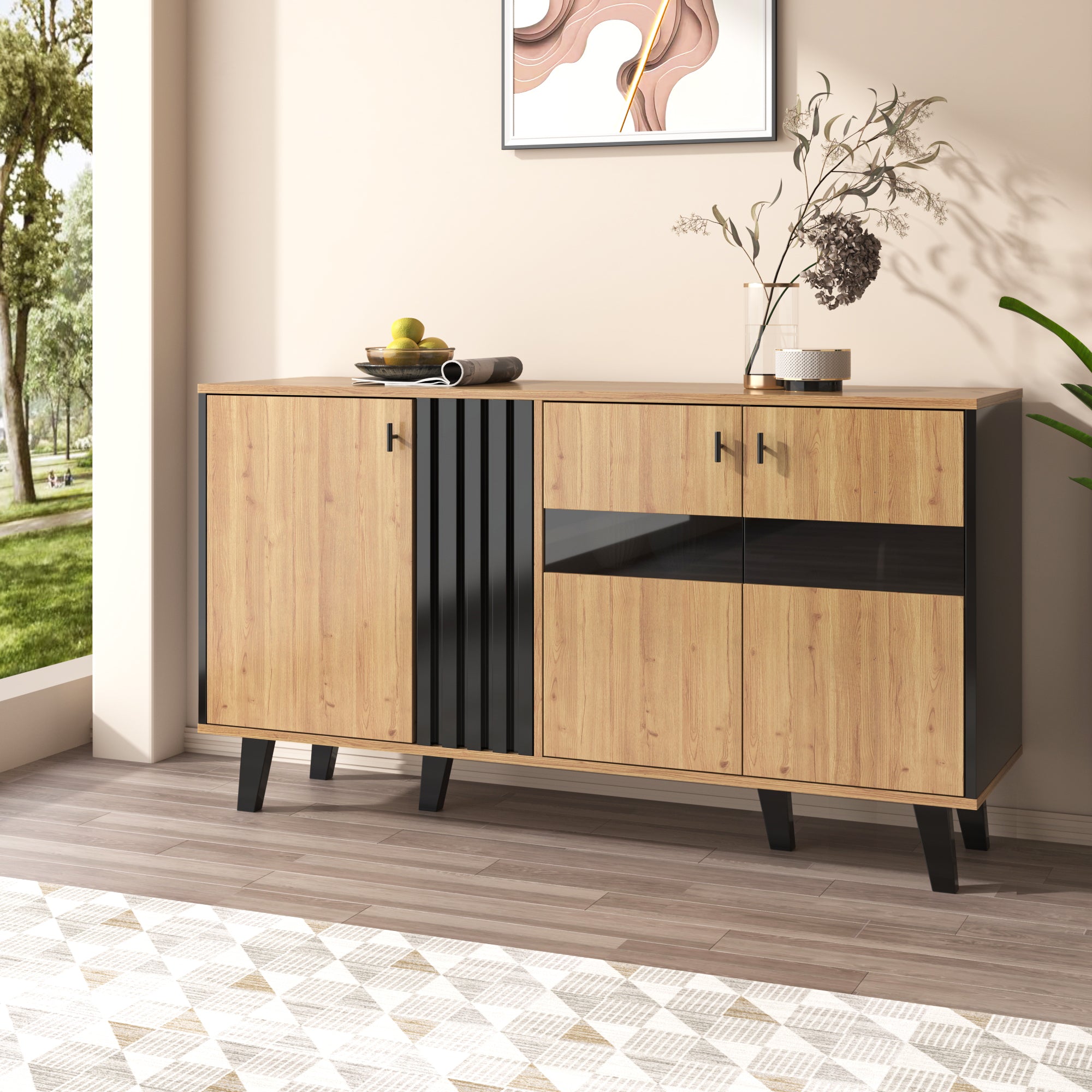 Sideboard with Storage, LED Light, and Glass Cabinet, Wood and Black