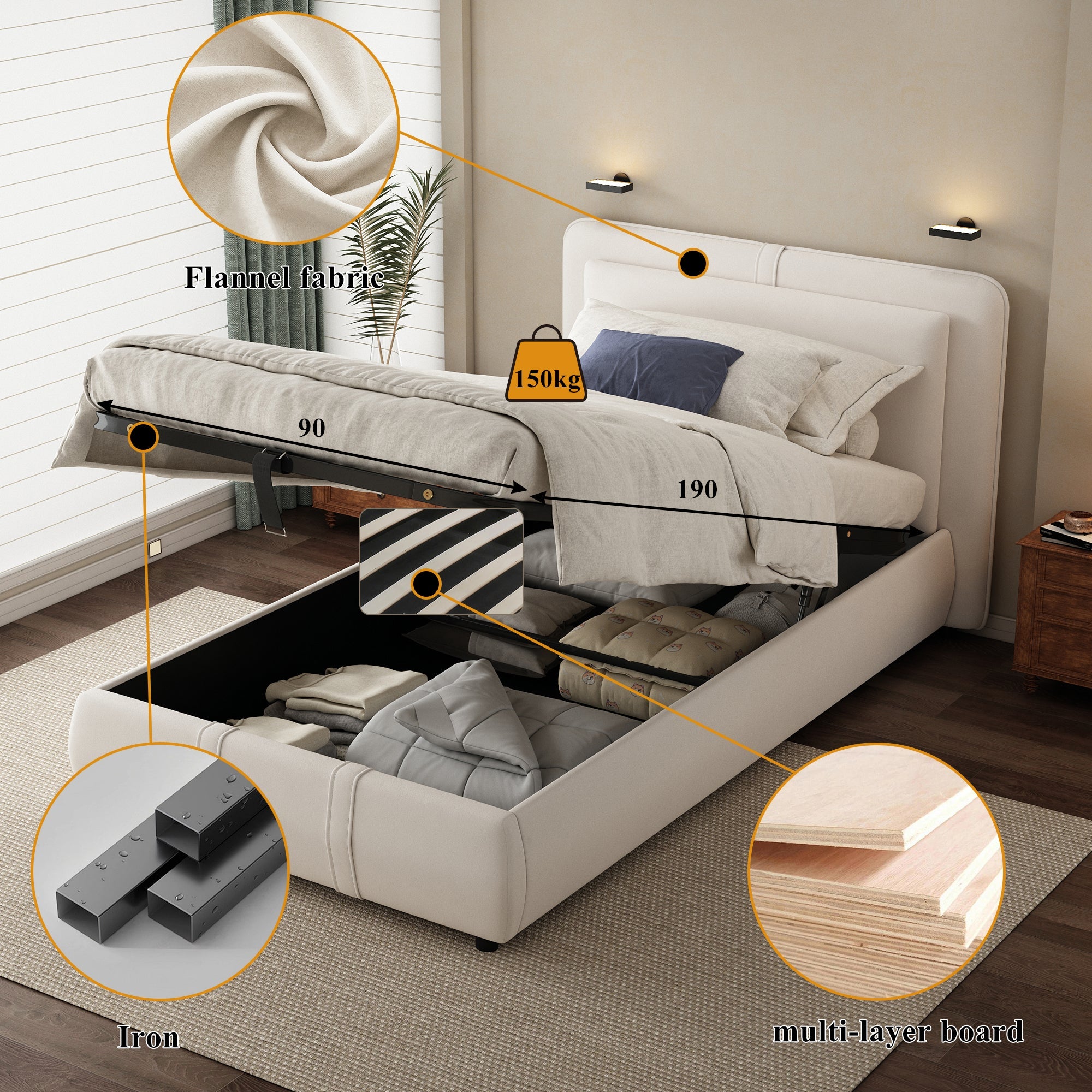 Upholstered Bed, Hydraulic Storage Function 3ft Single 90x190cm, Durable Sturdy Removable Soft Headboard Backrest, Velvet Plywood Beige