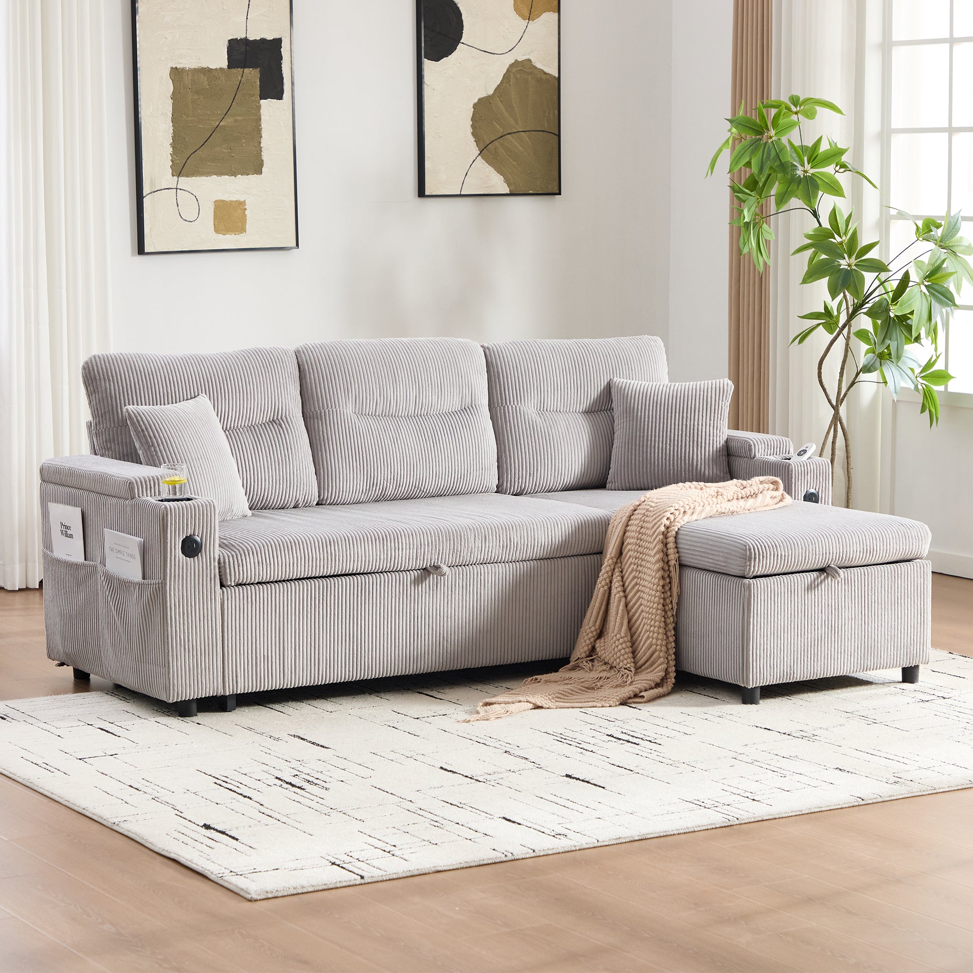 Modern 3-Seater Sofa with Storage, Cup Holders, USB-C and Pull-Out Bed, Corduroy