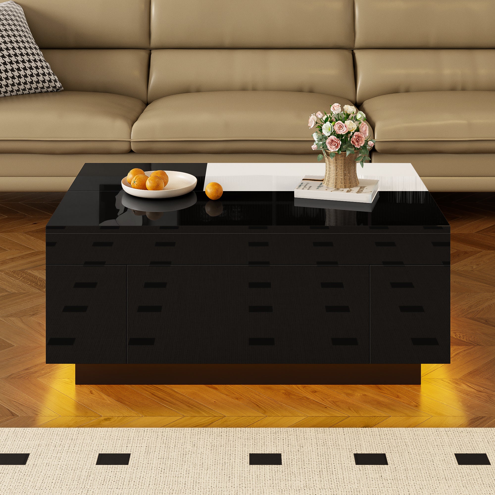 High-gloss Coffee Table with LED Lighting, Extendable, Storage, Black and White