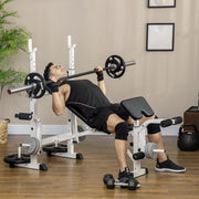 Weight Bench with Leg Press, Barbell Rack, and Armrests, Black and White