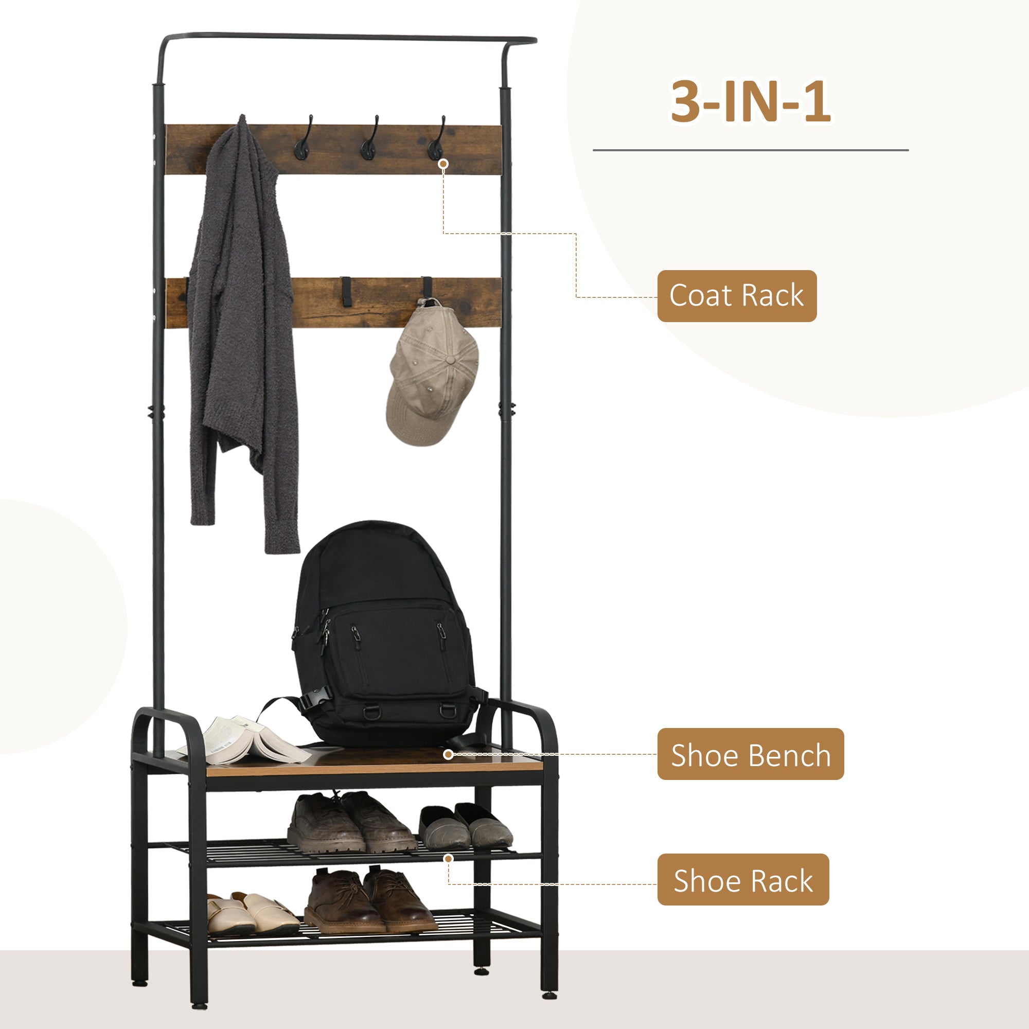 Coat Rack Stand Shoe Rack Storage Cabinet with Removable Hooks, Metal and Wood, Rustic Brown