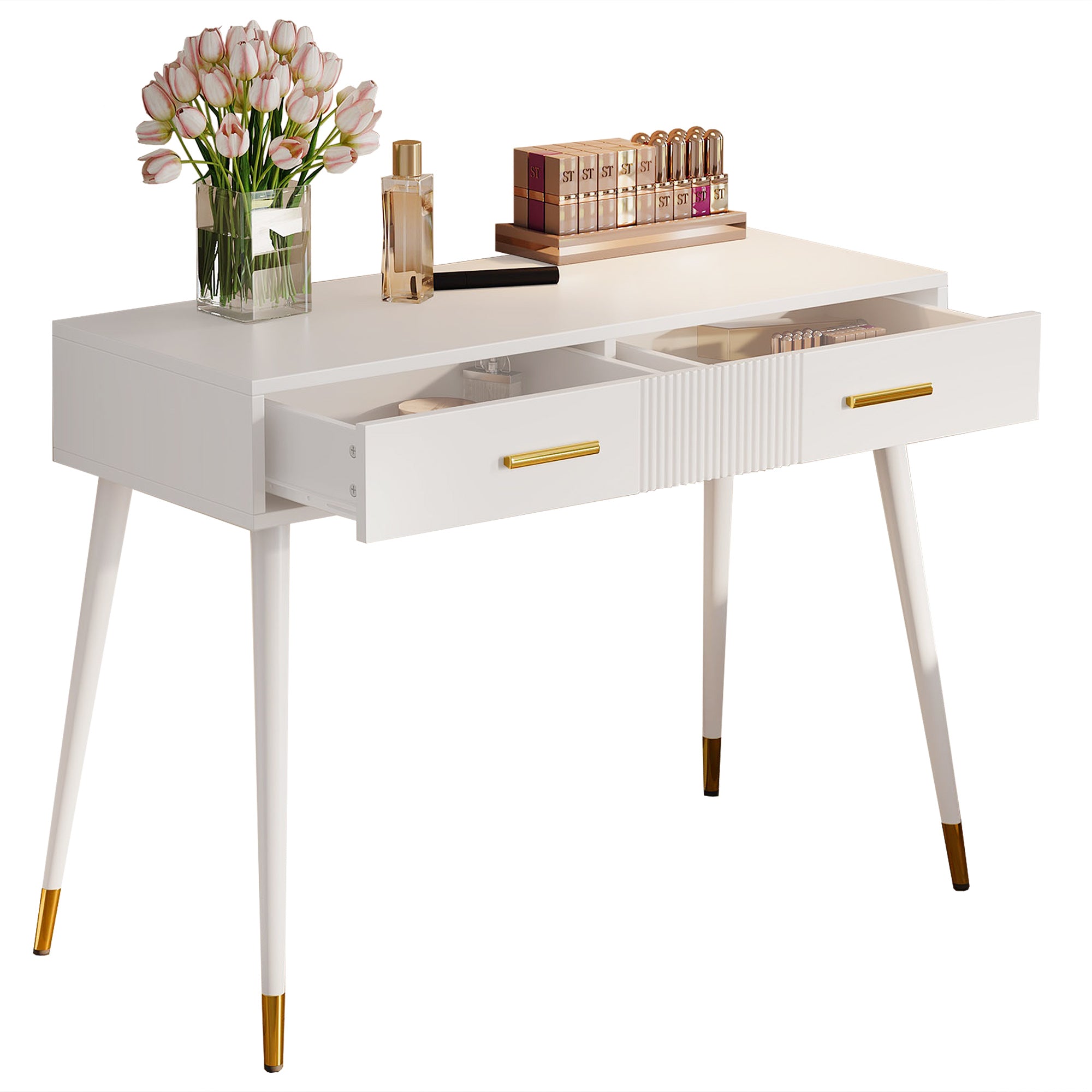 Dressing Table with 2 Drawers, Metal Feet, White