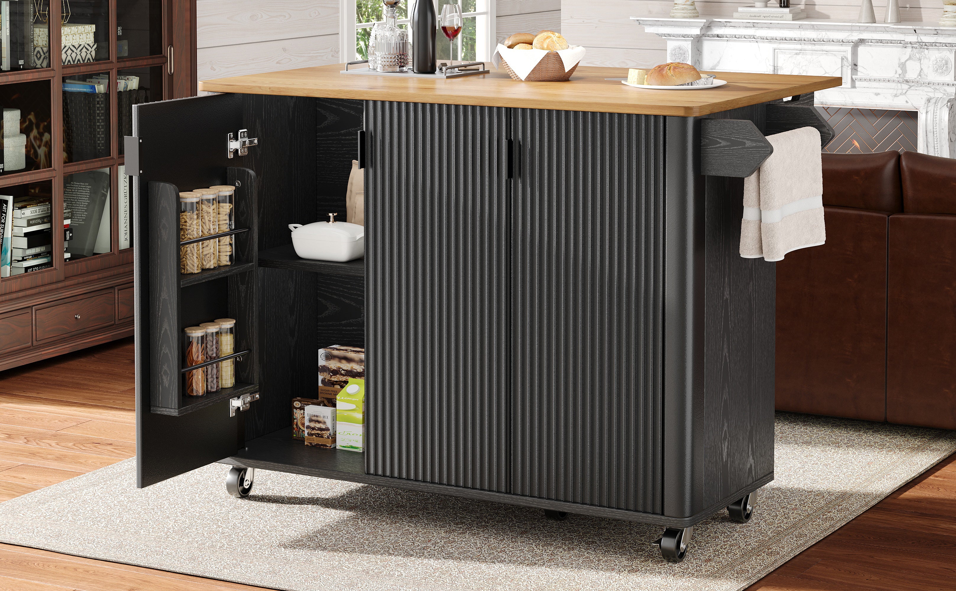 Kitchen Island Extendable 130cm Trolley 3 Doors Spice Rack - White/Black