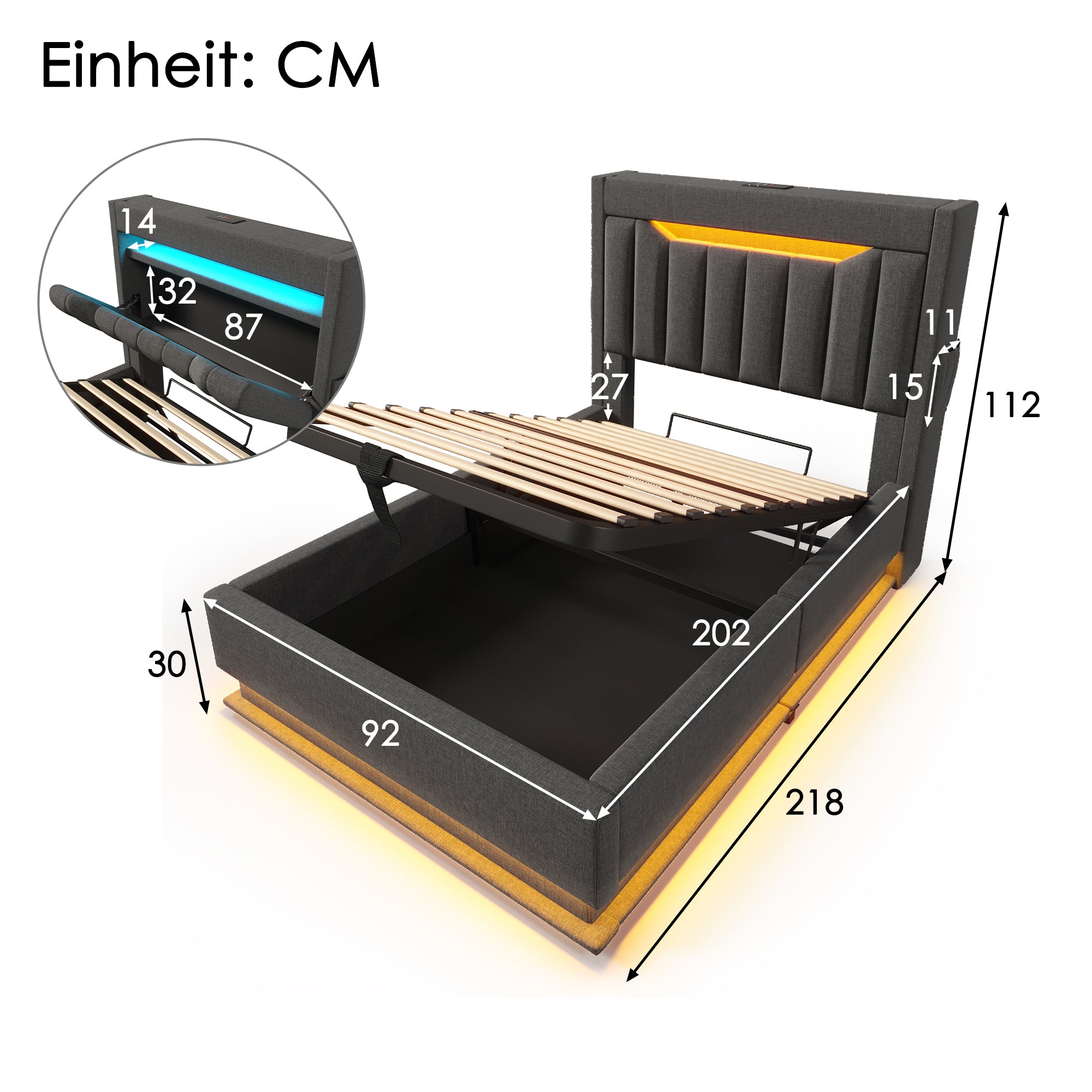 Upholstered Single Bed 90x200cm, Hydraulic Storage Headboard with USB/Type-C, LED Lights, Grey Linen