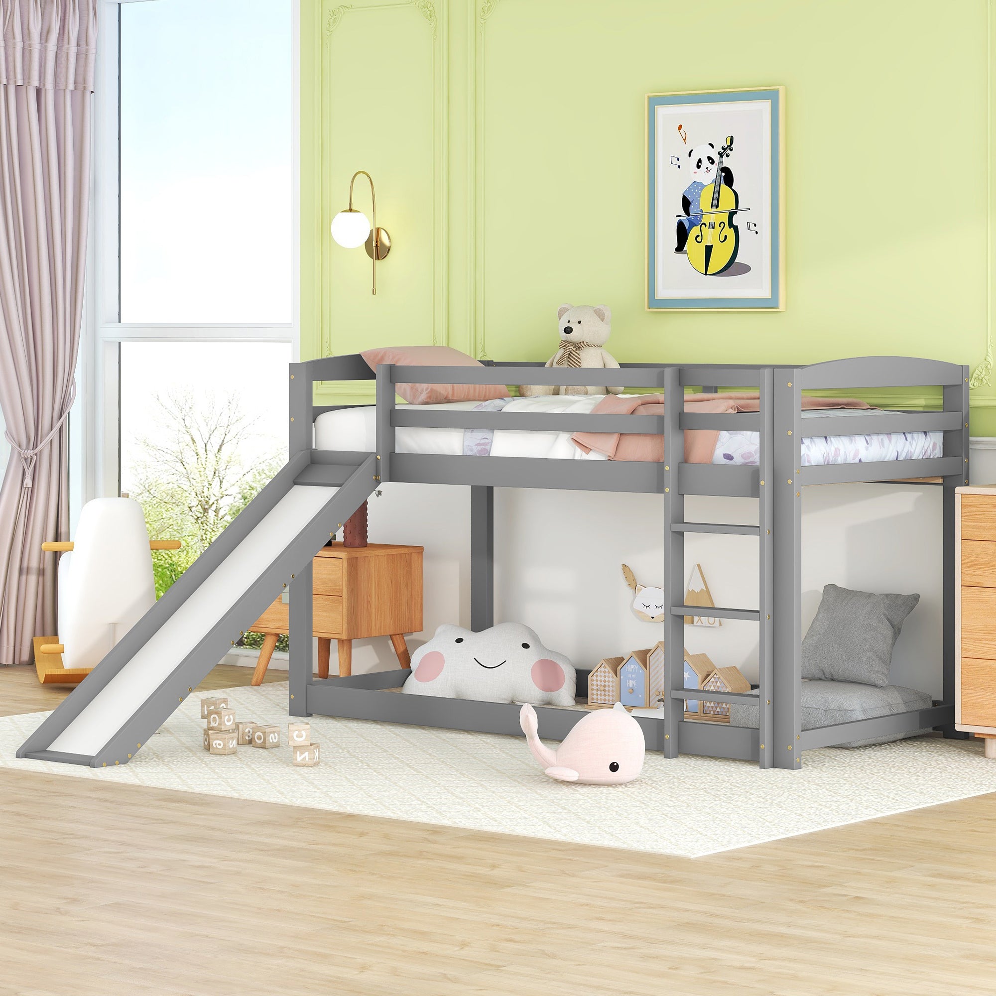 Bunk Bed 90x200cm with Slide Solid Wood Frame - Grey