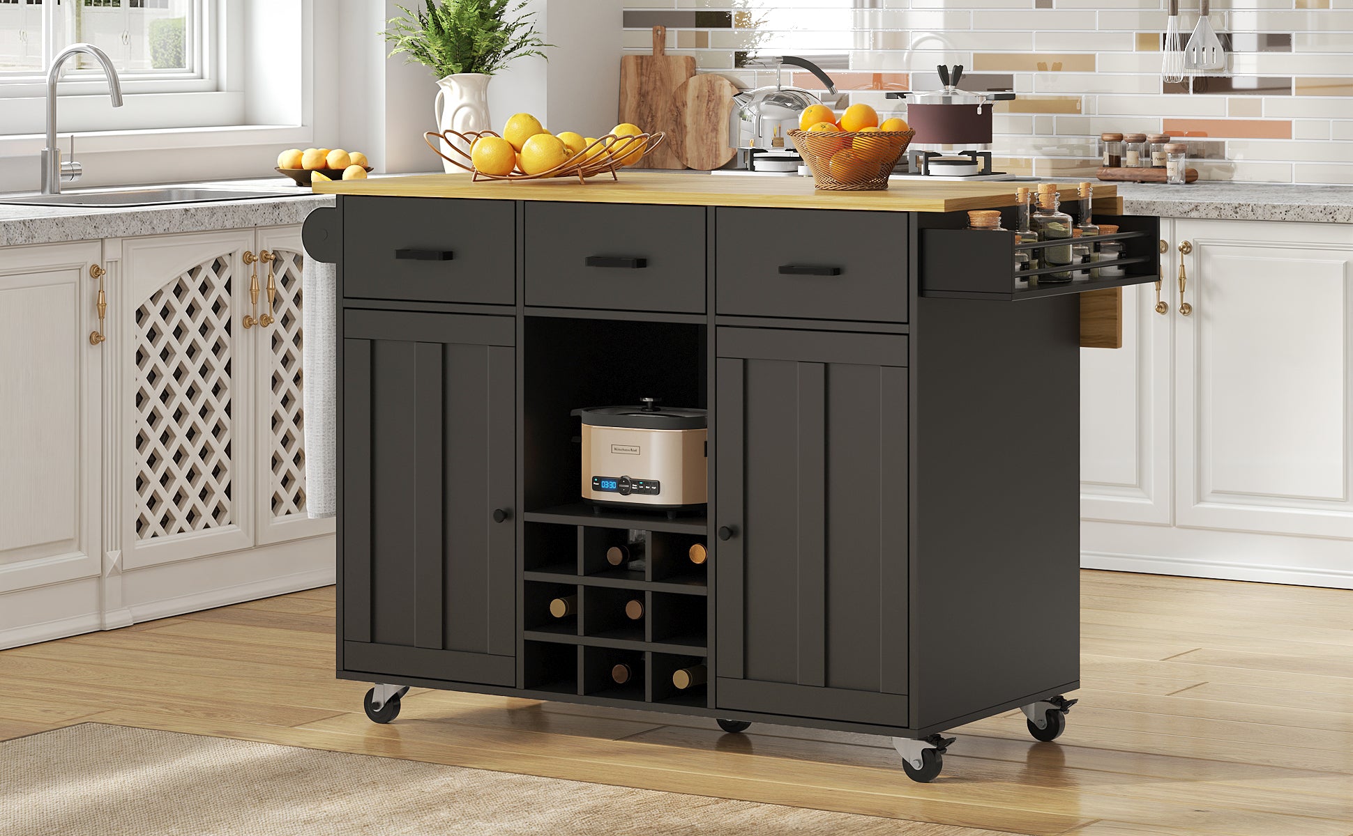 Dining Trolley Mobile Removable Worktop Spice Rack Adjustable Storage - Wood Grain Black