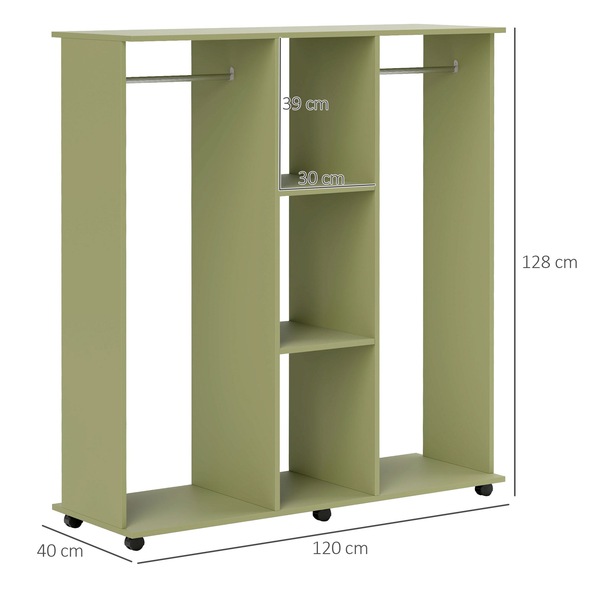 Open Wardrobe Double Storage Shelves Organizer W/6 Wheels Green