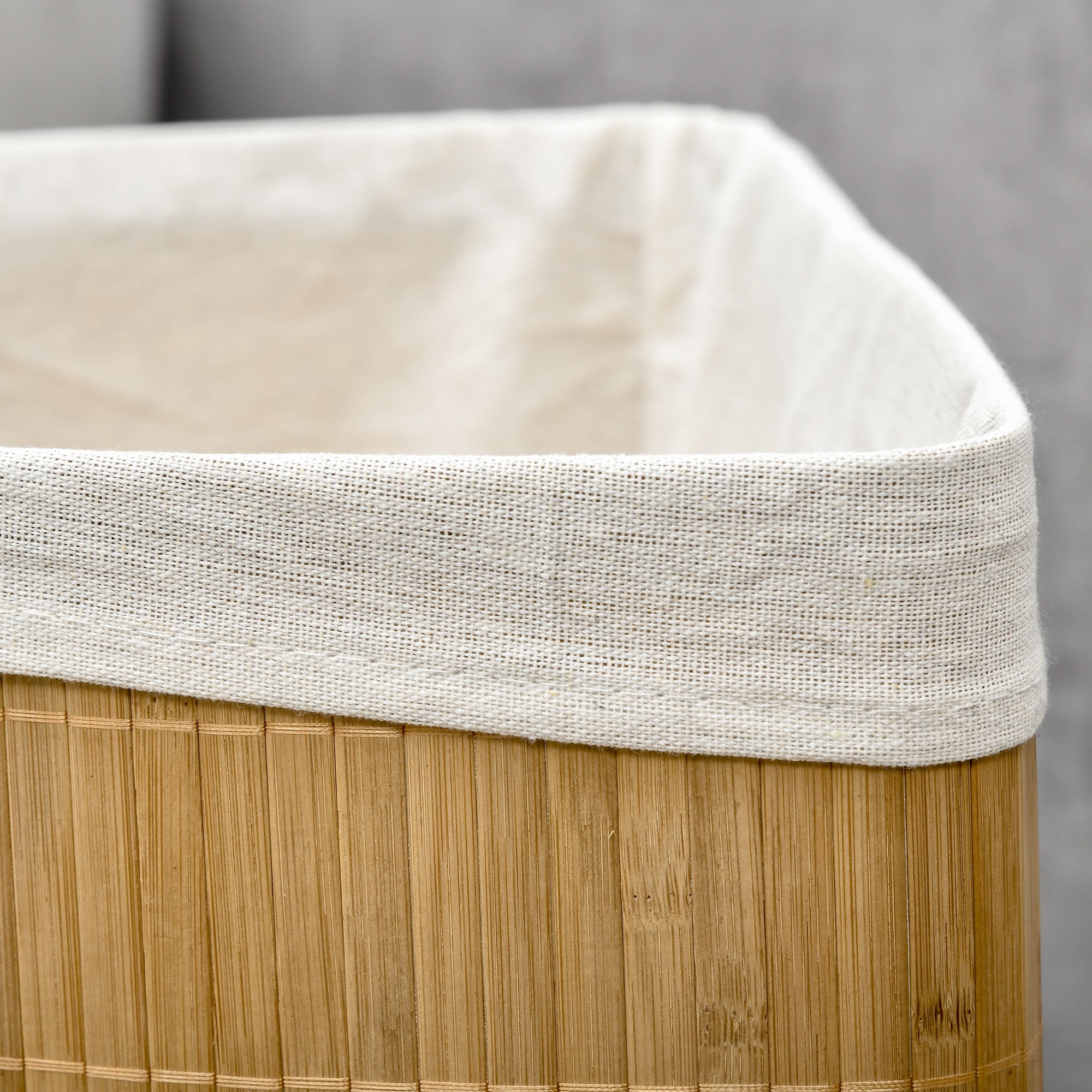 Bamboo Laundry Basket, Corner 55L with Lid, Natural Wood and White