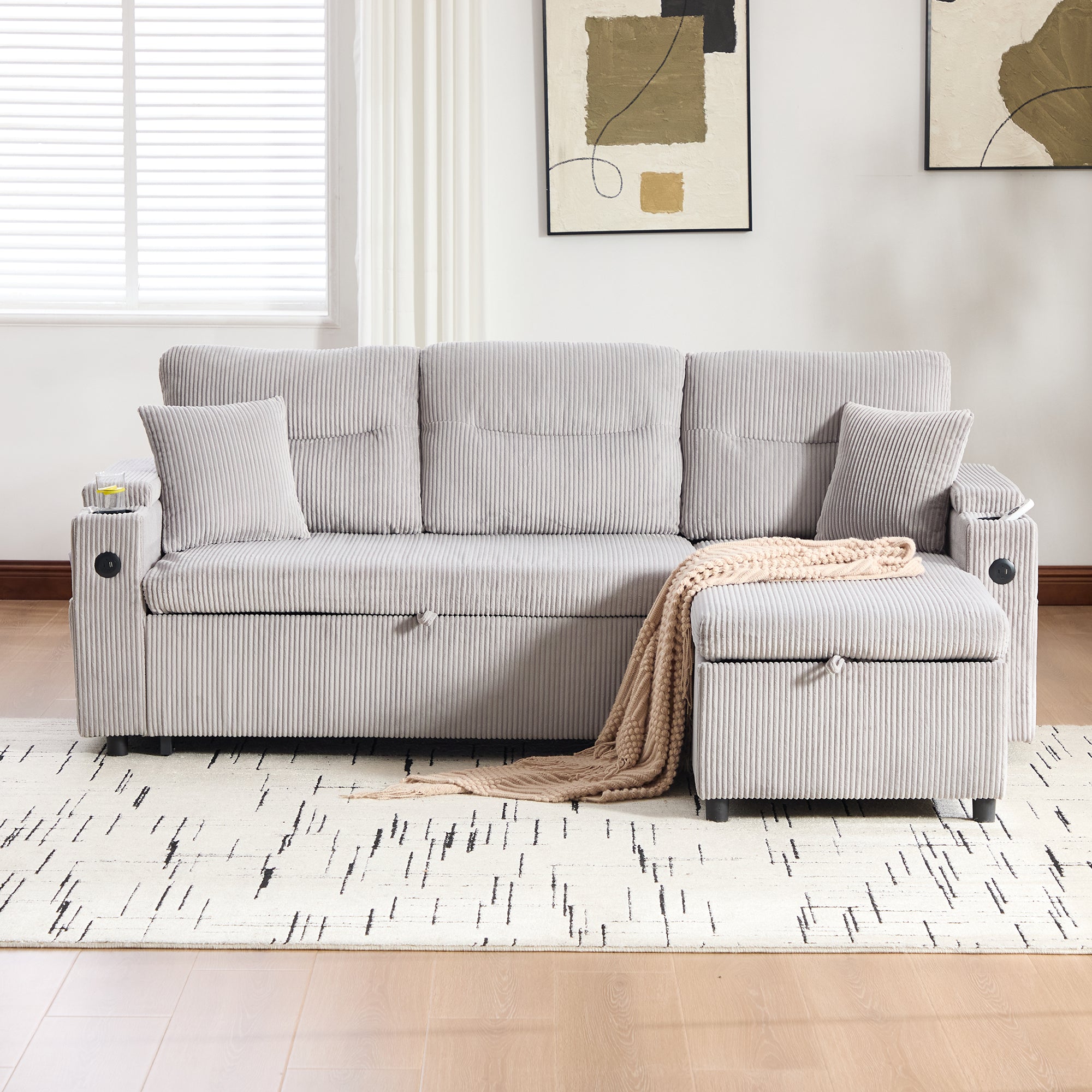 Modern 3-Seater Sofa with Storage, Cup Holders, USB-C and Pull-Out Bed, Corduroy