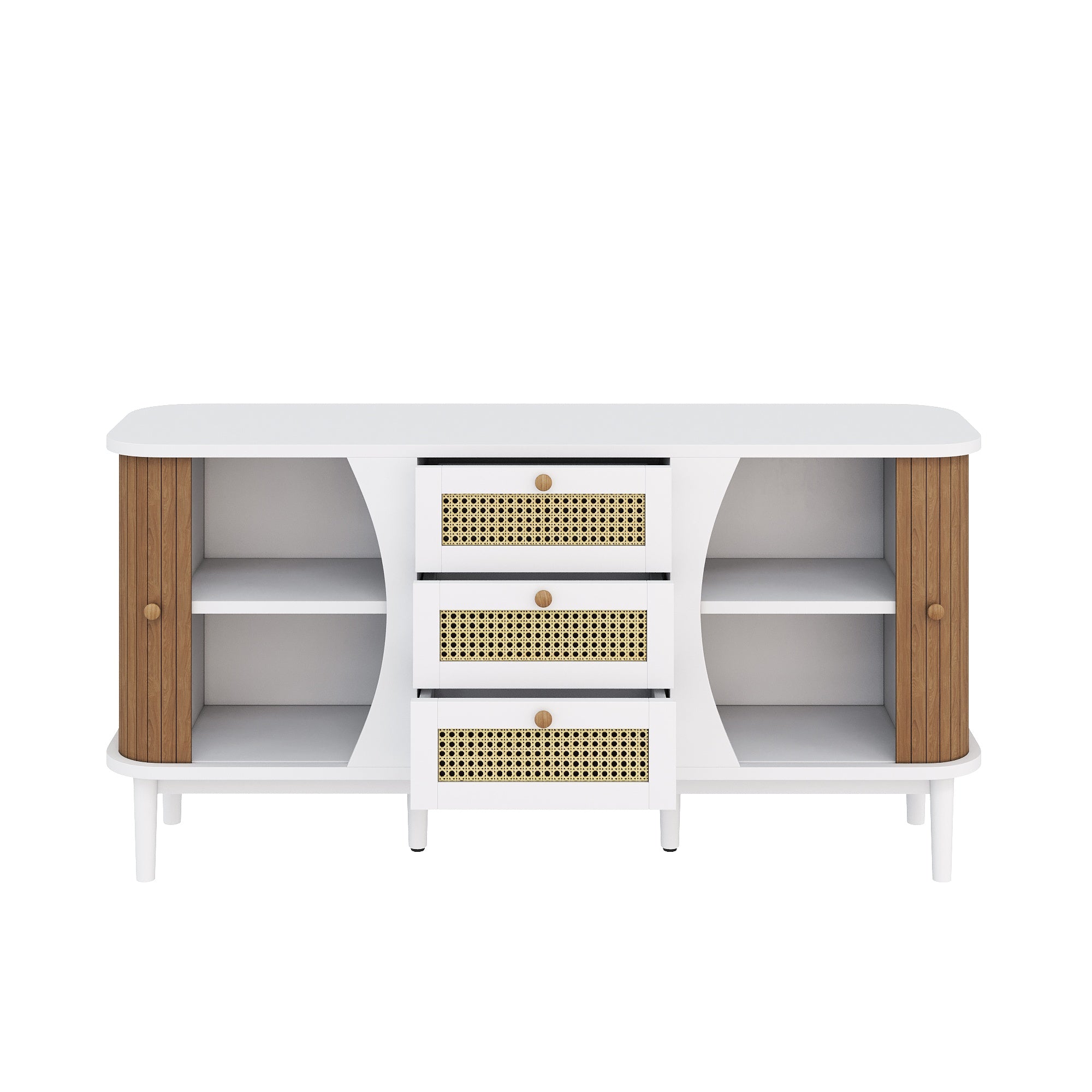 Sideboard, Rattan Sliding Door Chest, Adjustable Shelves, White and Wood