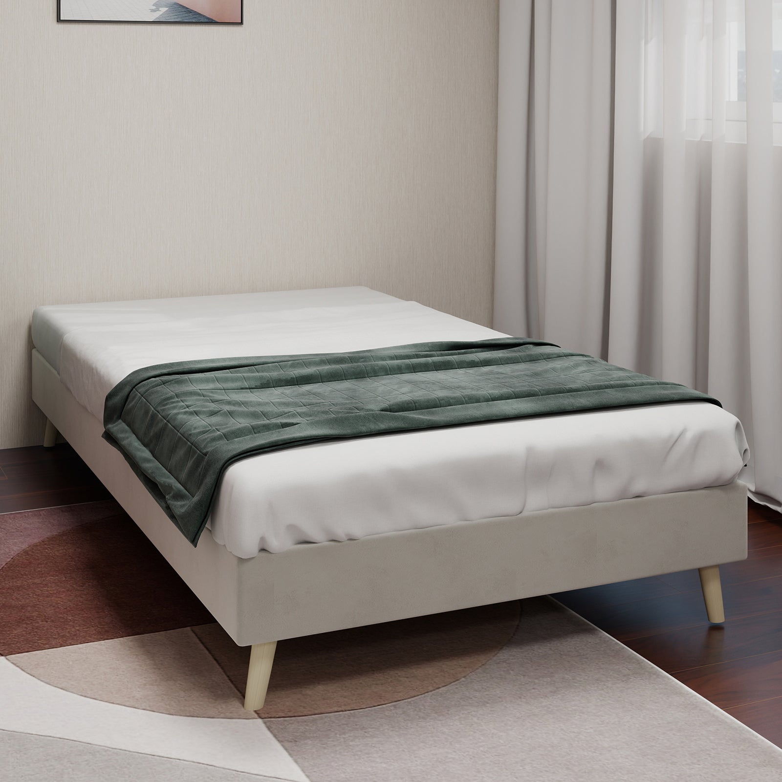 Modern Minimalist Bed Frame, 90x200 cm Low-Profile Base, Beige Dutch Velvet
